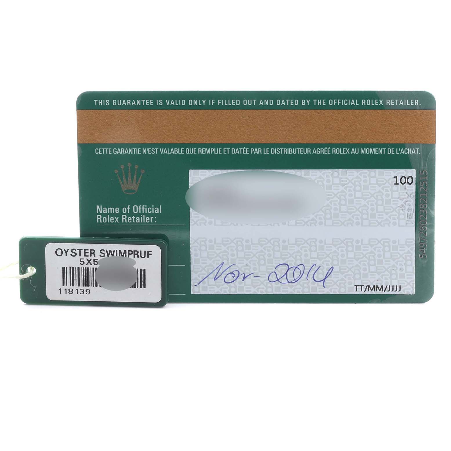 The image shows a Rolex warranty card and tag, associated with the Rolex President 118139 Men's White Gold Blue Dial 118139 Men's White Gold Blue Dial model.