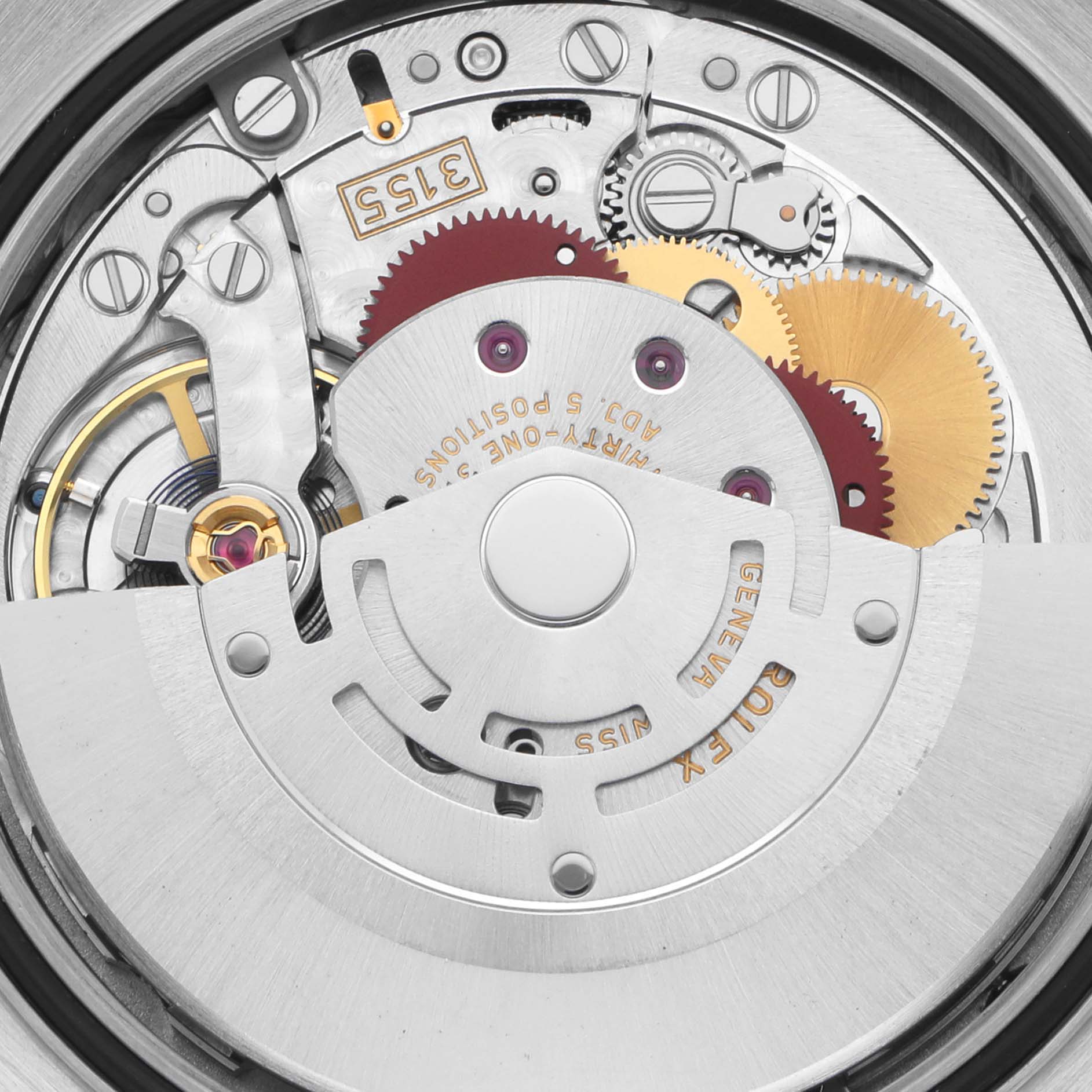 The image shows the movement and internal mechanics of a Rolex President 118139 Men's White Gold Blue Dial 118139 Men's White Gold Blue Dial watch from a top-down angle.