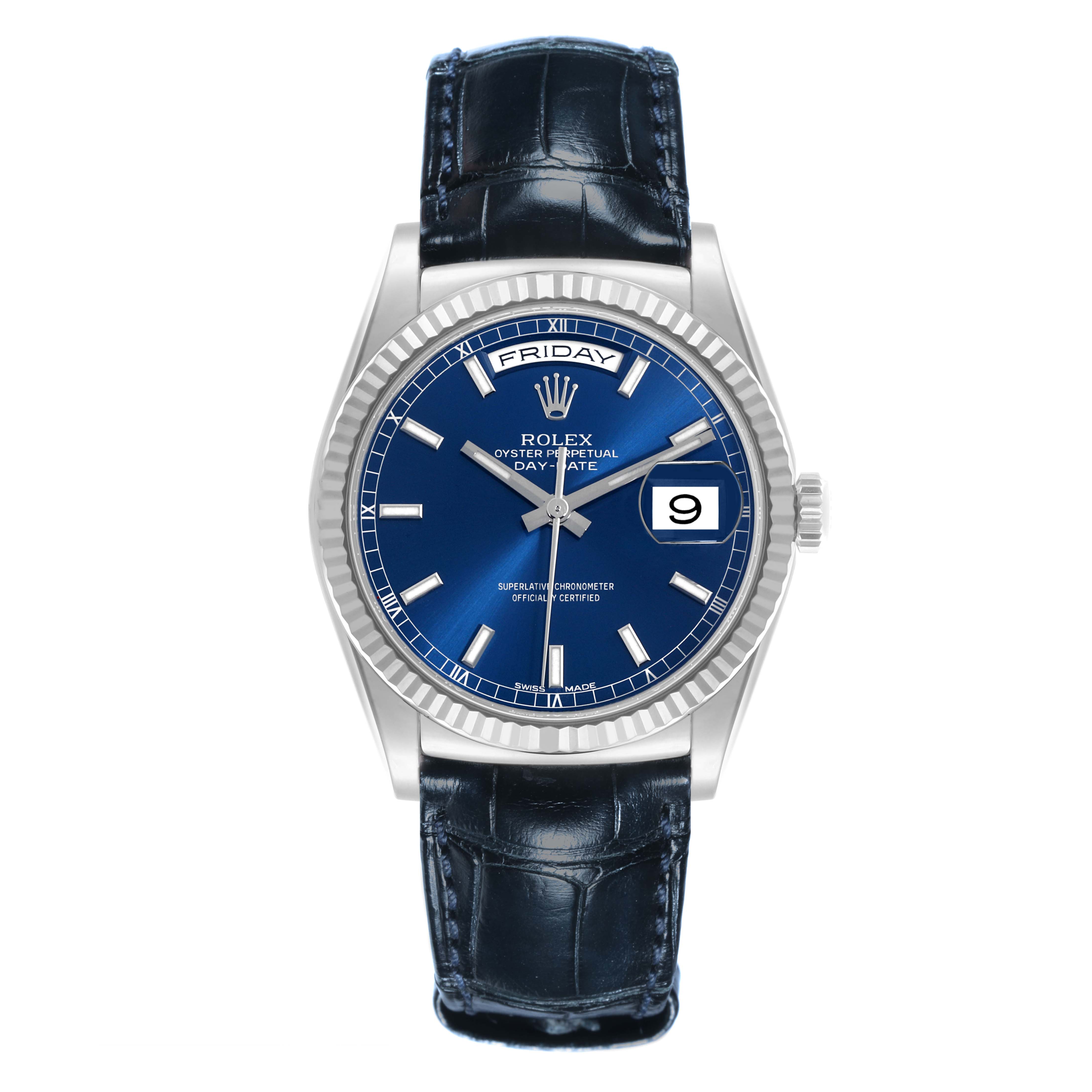 The Rolex President 118139 Men's White Gold Blue Dial 118139 Men's White Gold Blue Dial model is shown from a top view, highlighting the blue dial, date, and day indicators with a leather strap.