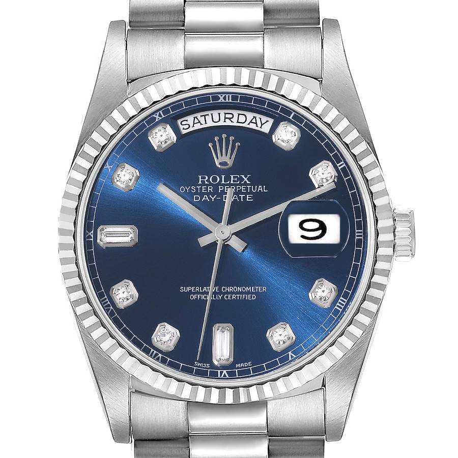 The Rolex President model is shown from a front angle, displaying the entire face, bezel, and part of the bracelet.