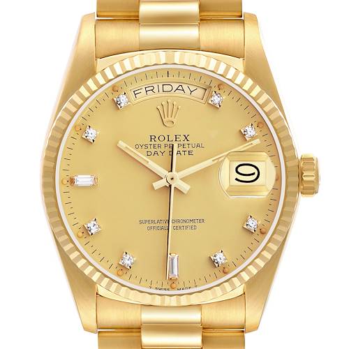 The Rolex President model is shown from the front, highlighting the dial, day-date display, and gold bracelet.