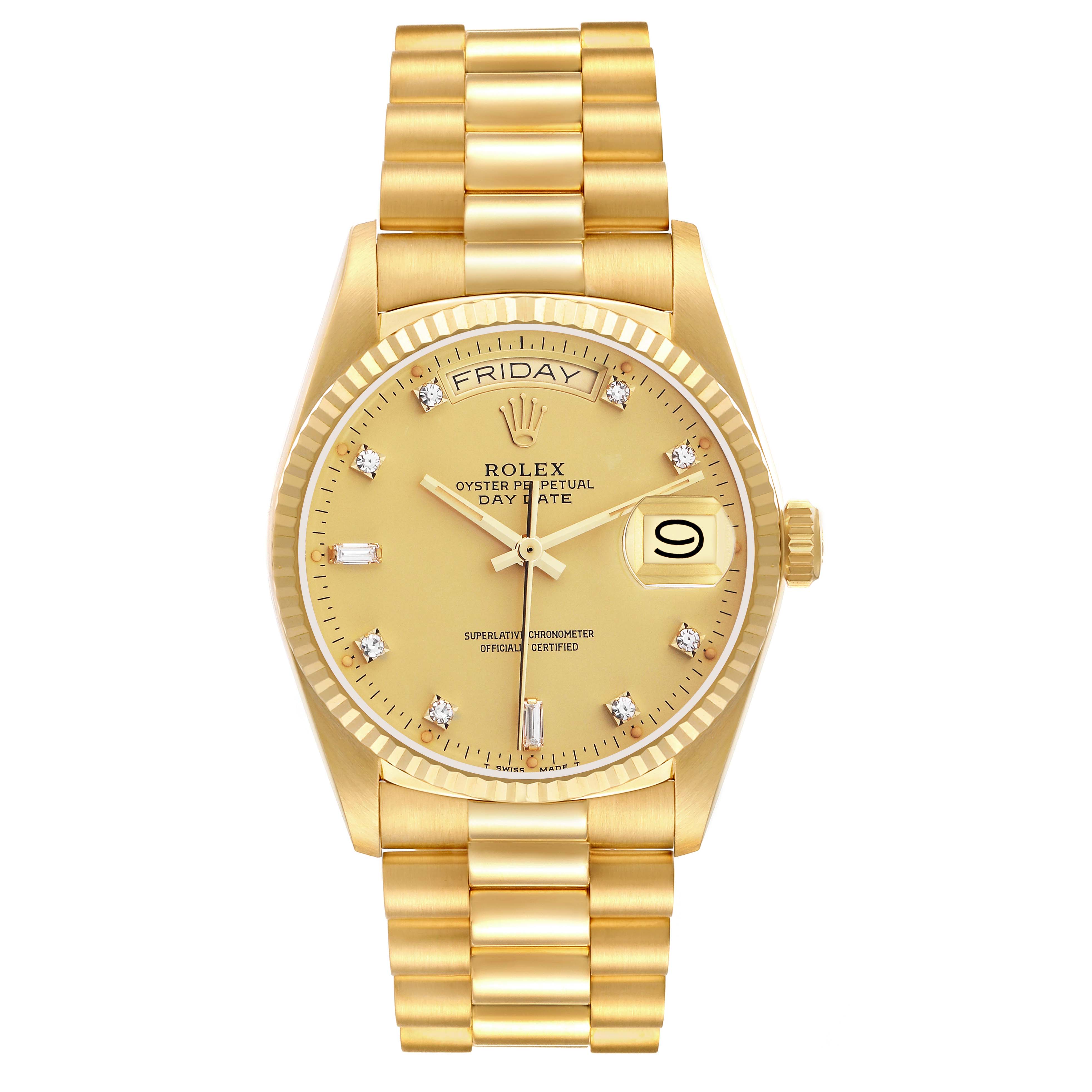 The Rolex President 18038 Men
s Yellow Gold Champagne Dial 18038 Men
s Yellow Gold Champagne Dial model is shown from a front angle displaying the dial, bracelet, and crown.