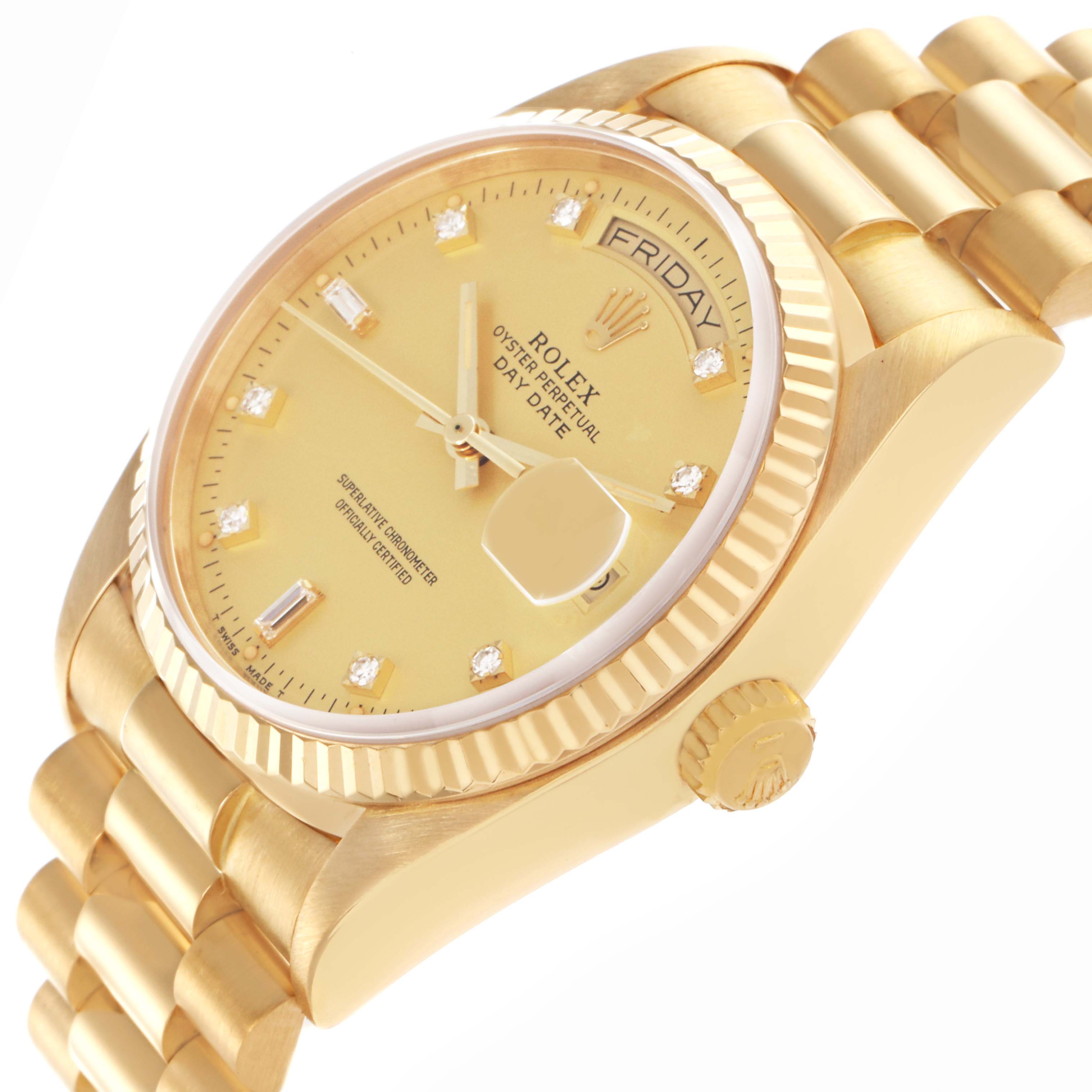 The Rolex President 18038 Men
s Yellow Gold Champagne Dial 18038 Men
s Yellow Gold Champagne Dial model watch is shown at a slight angle, highlighting the gold bracelet, bezel, dial, and crown.