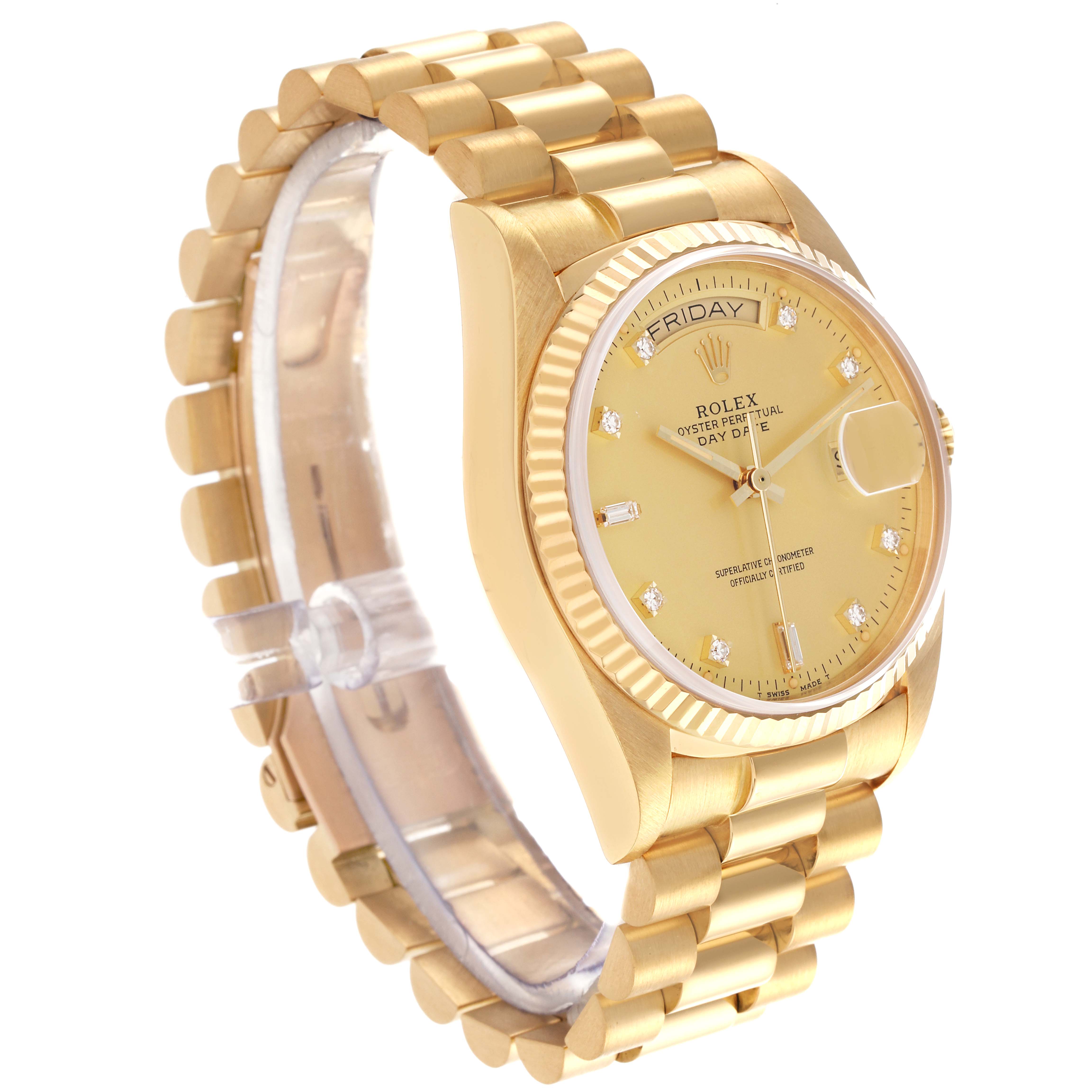 The Rolex President 18038 Men
s Yellow Gold Champagne Dial 18038 Men
s Yellow Gold Champagne Dial model watch is shown at a three-quarter angle, displaying its gold bracelet, face, and fluted bezel.