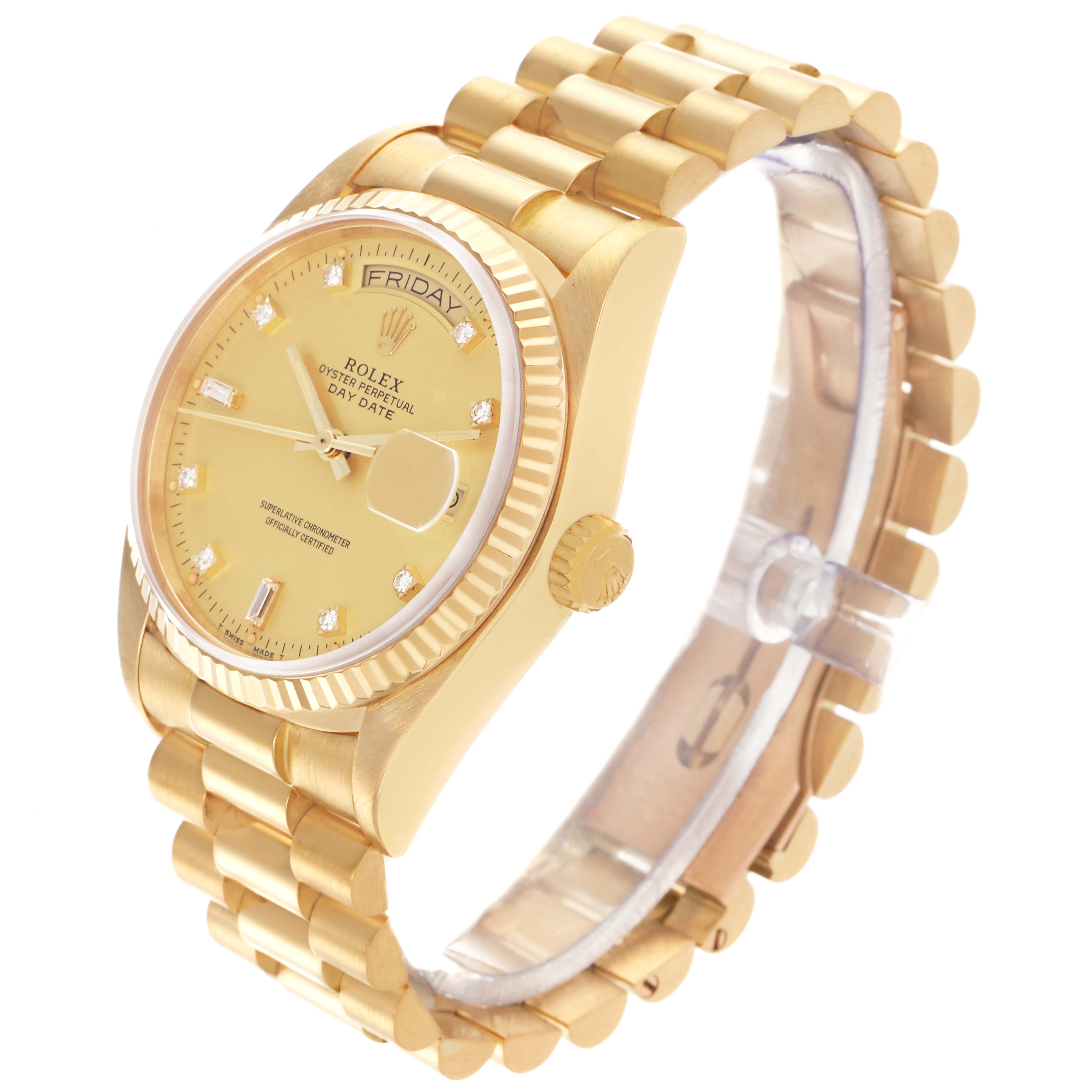 The Rolex President 18038 Men
s Yellow Gold Champagne Dial 18038 Men
s Yellow Gold Champagne Dial watch is shown at a three-quarter angle, displaying the dial, bezel, bracelet, and crown.