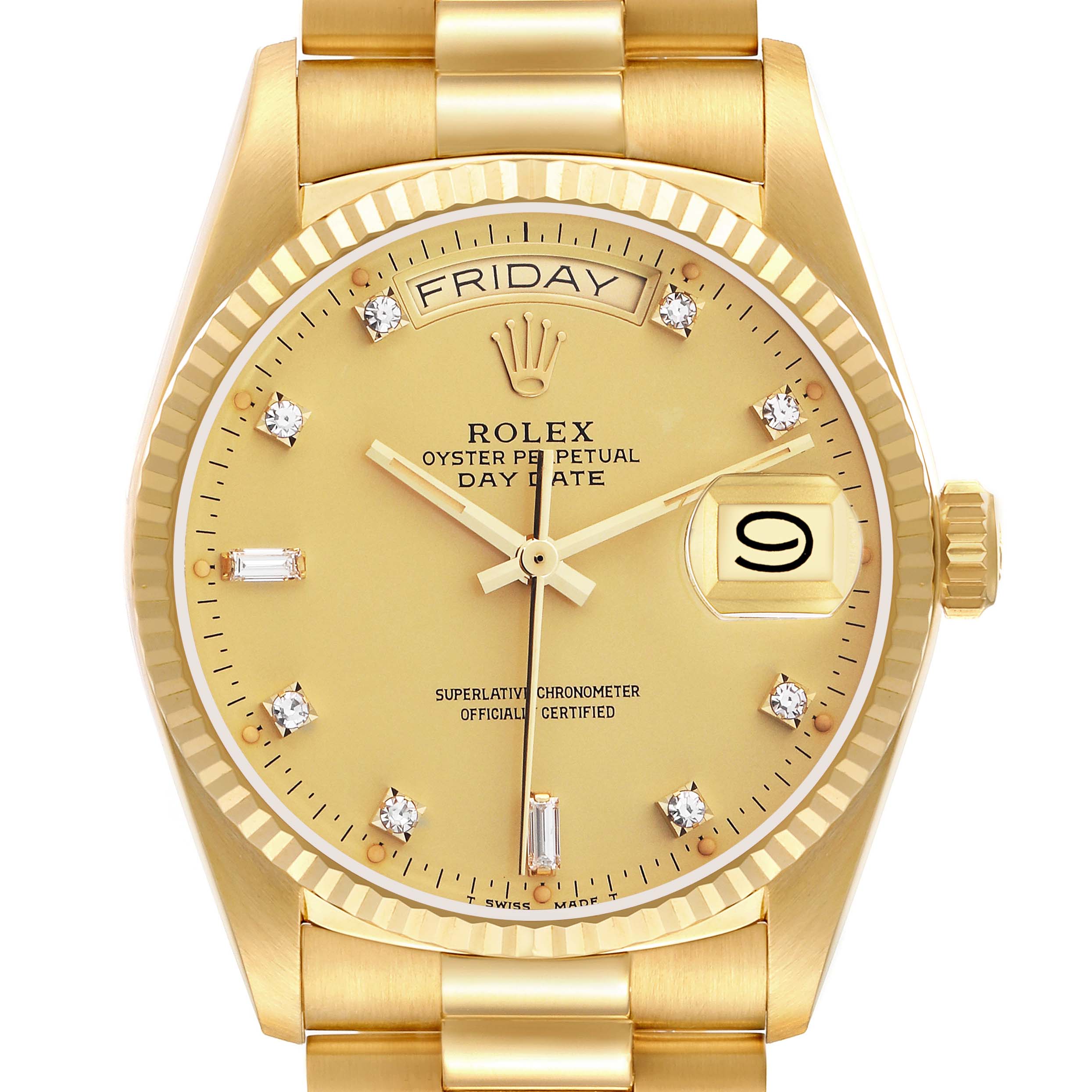 The image shows the Rolex President 18038 Men
s Yellow Gold Champagne Dial 18038 Men
s Yellow Gold Champagne Dial watch face straight on, highlighting the day, date, and diamond hour markers.