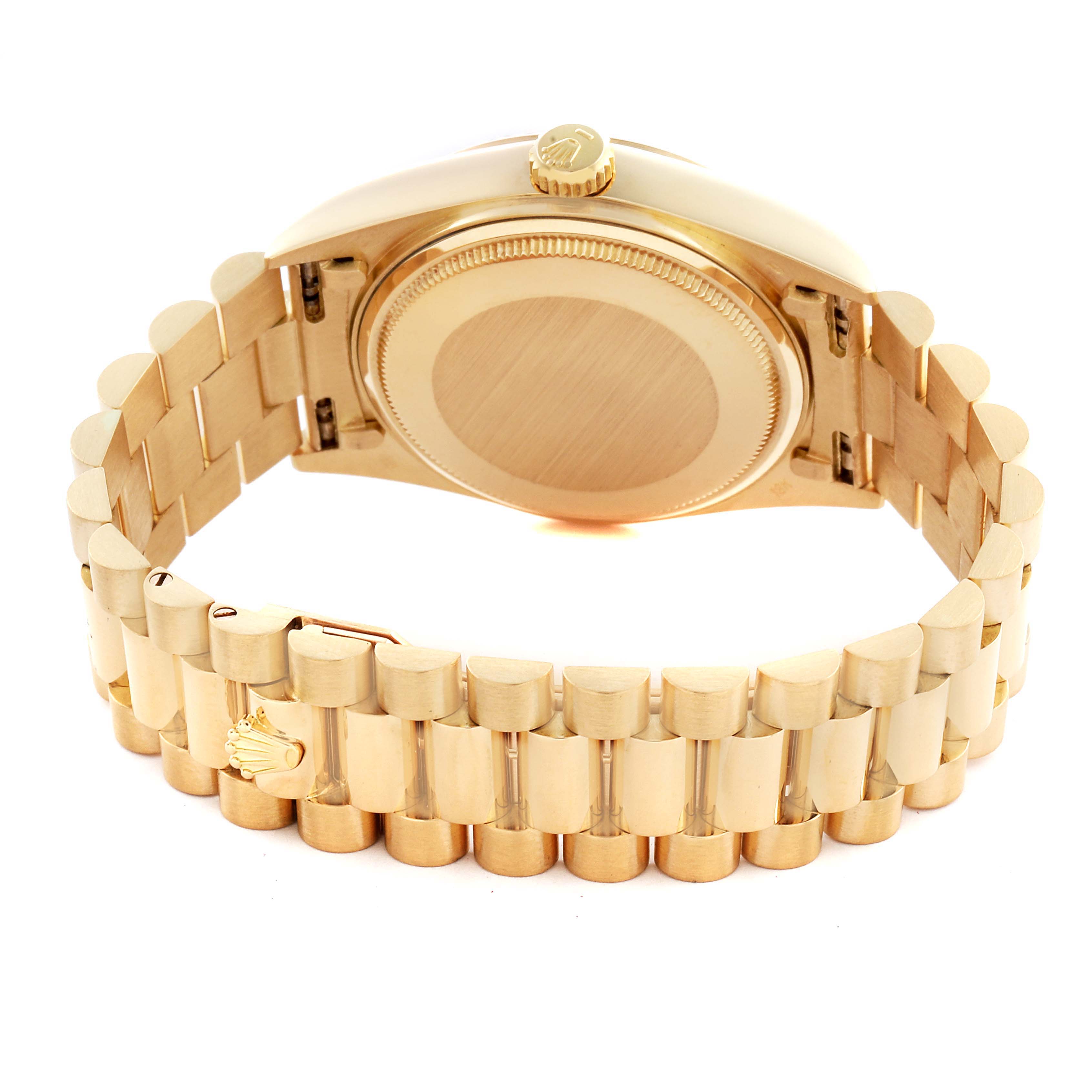 The image shows the back and side profile of a Rolex President 18038 Men
s Yellow Gold Champagne Dial 18038 Men
s Yellow Gold Champagne Dial model watch, including the case back, crown, and bracelet.