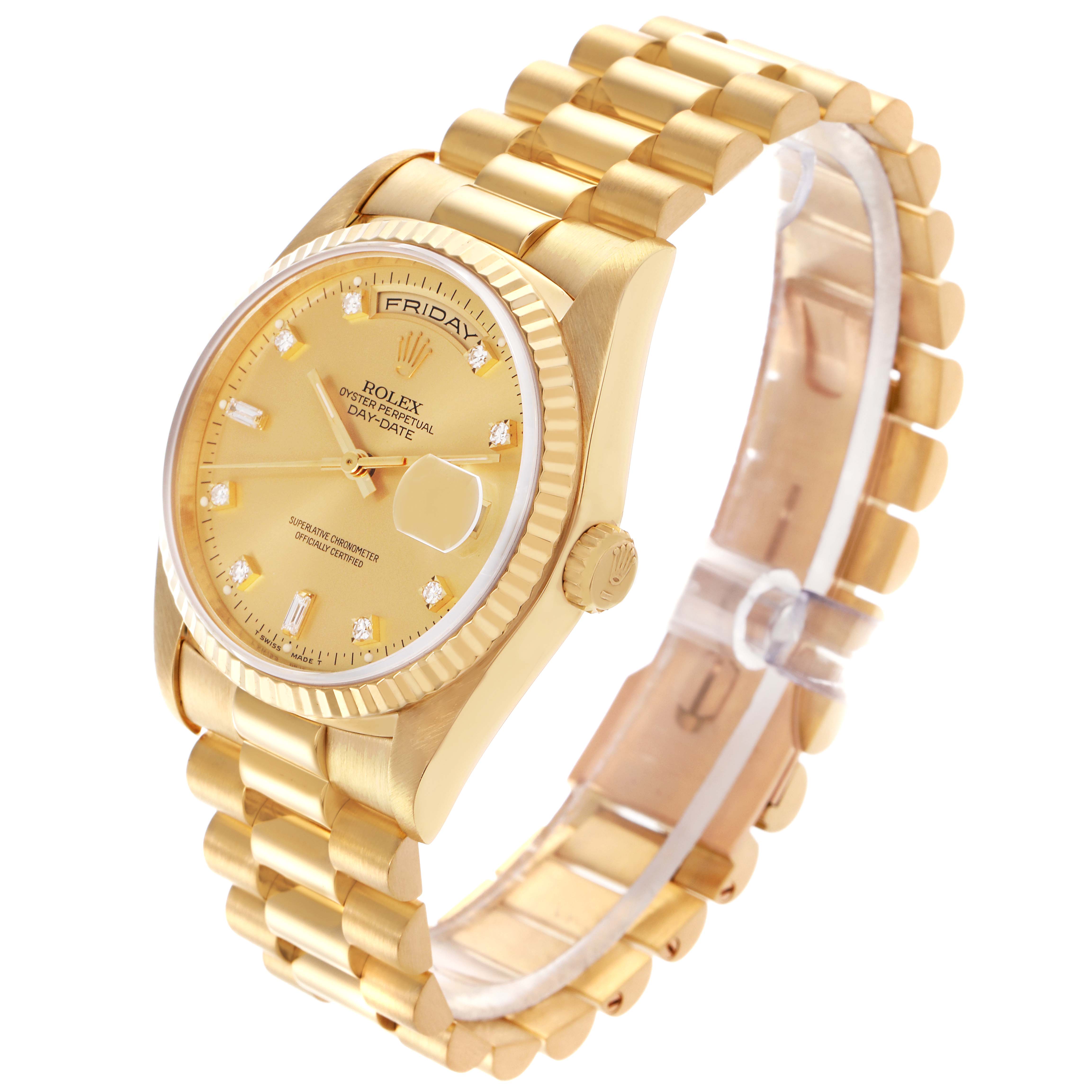 The Rolex President 18238 Men's Yellow Gold Champagne Dial 18238 Men's Yellow Gold Champagne Dial model is shown at a slight angle, displaying its gold dial, fluted bezel, and iconic bracelet.