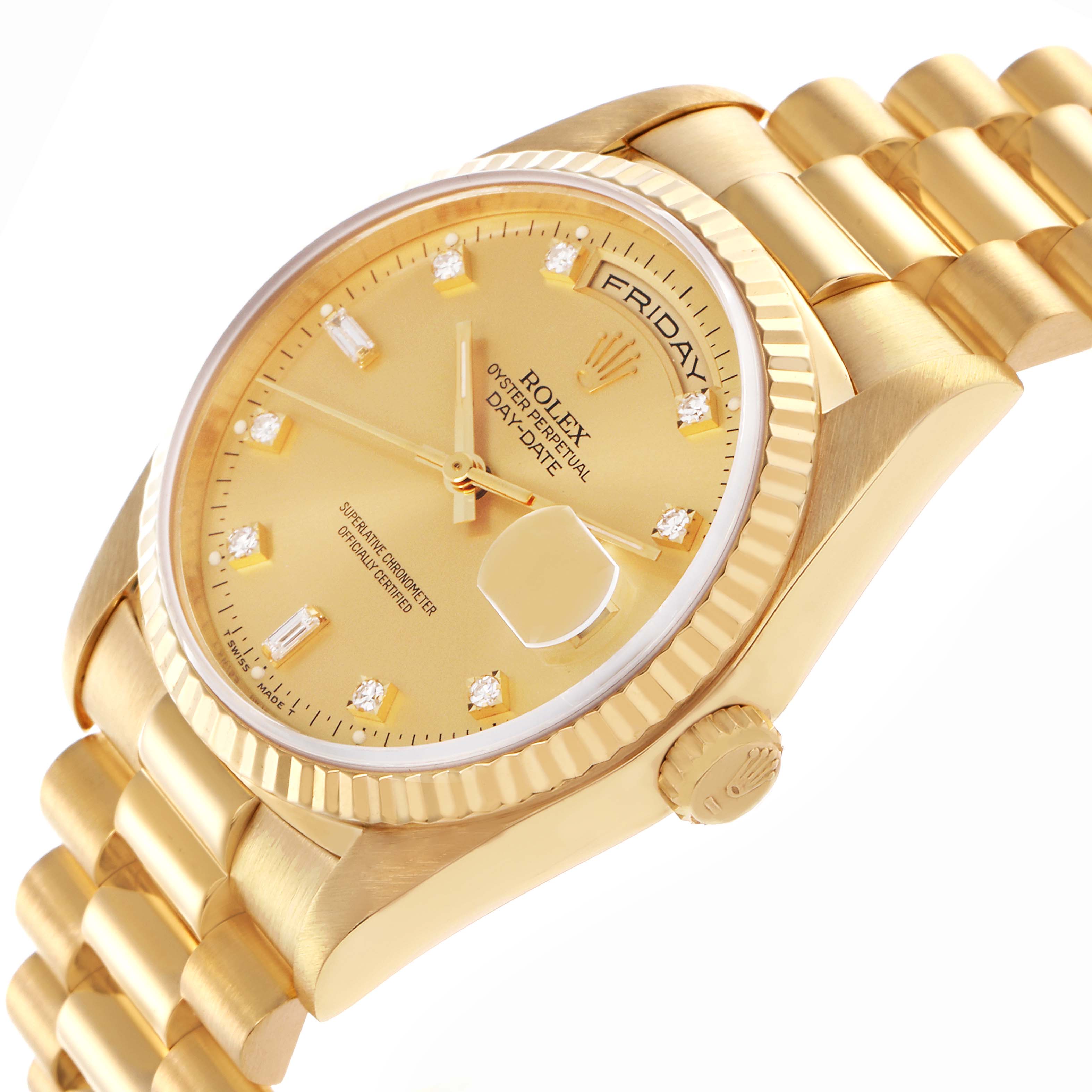 The image shows a side angle of a gold Rolex President 18238 Men's Yellow Gold Champagne Dial 18238 Men's Yellow Gold Champagne Dial model, highlighting the bracelet, bezel, crown, and dial details with a day display.