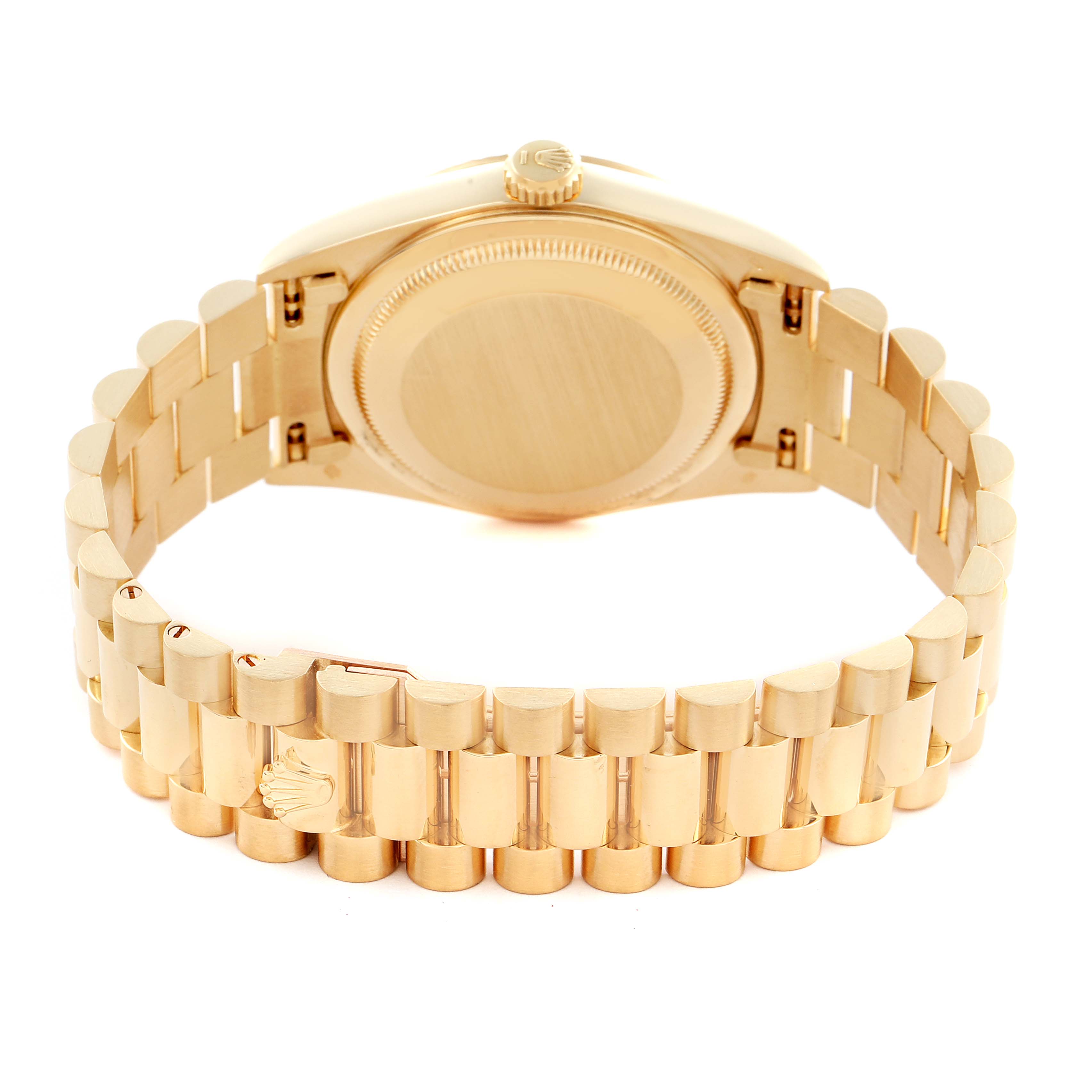 The image shows the back view of a Rolex President 18238 Men's Yellow Gold Champagne Dial 18238 Men's Yellow Gold Champagne Dial watch, highlighting the case back and the gold bracelet clasp.