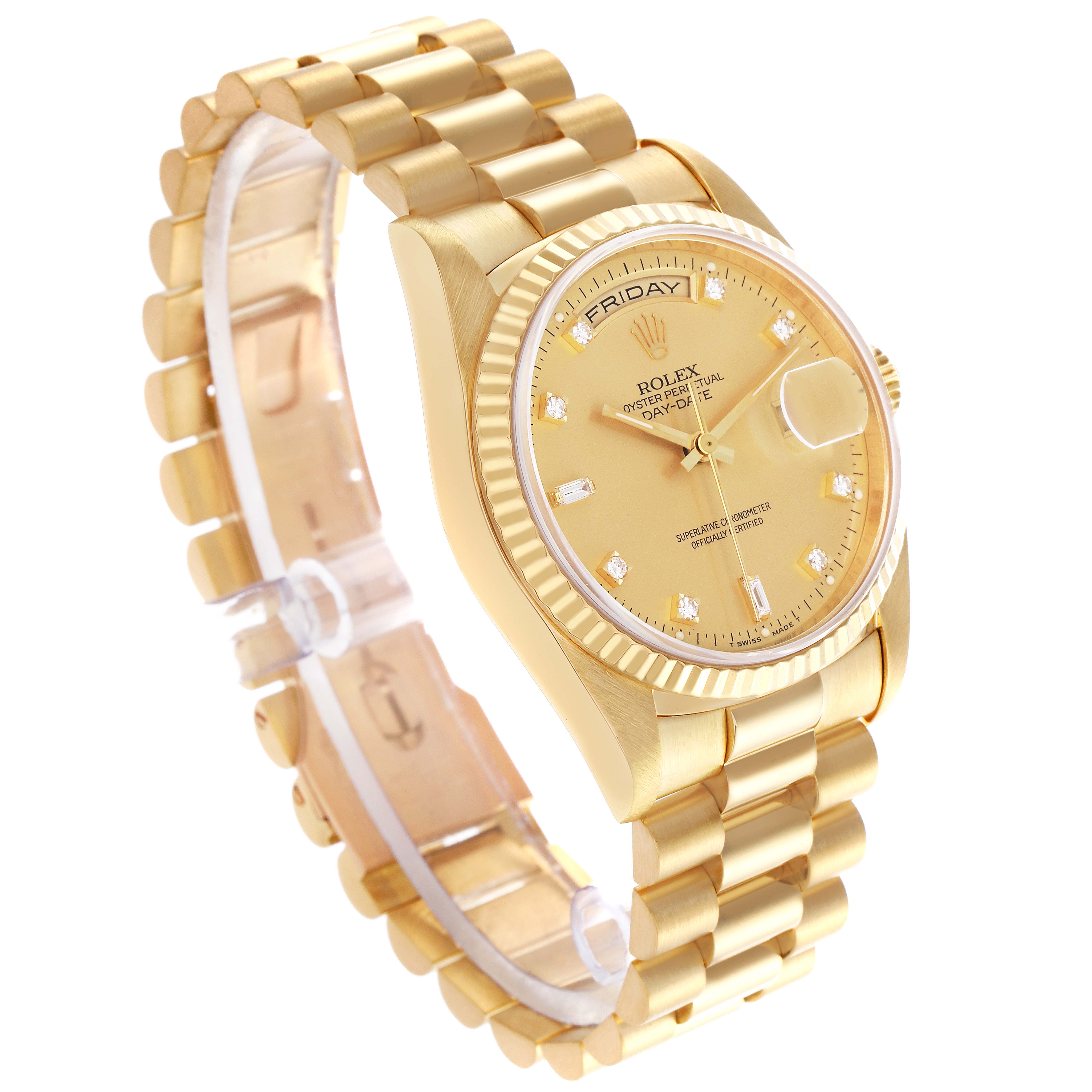 The Rolex President 18238 Men's Yellow Gold Champagne Dial 18238 Men's Yellow Gold Champagne Dial model is shown at a three-quarter angle, highlighting the gold case, fluted bezel, bracelet, and dial.