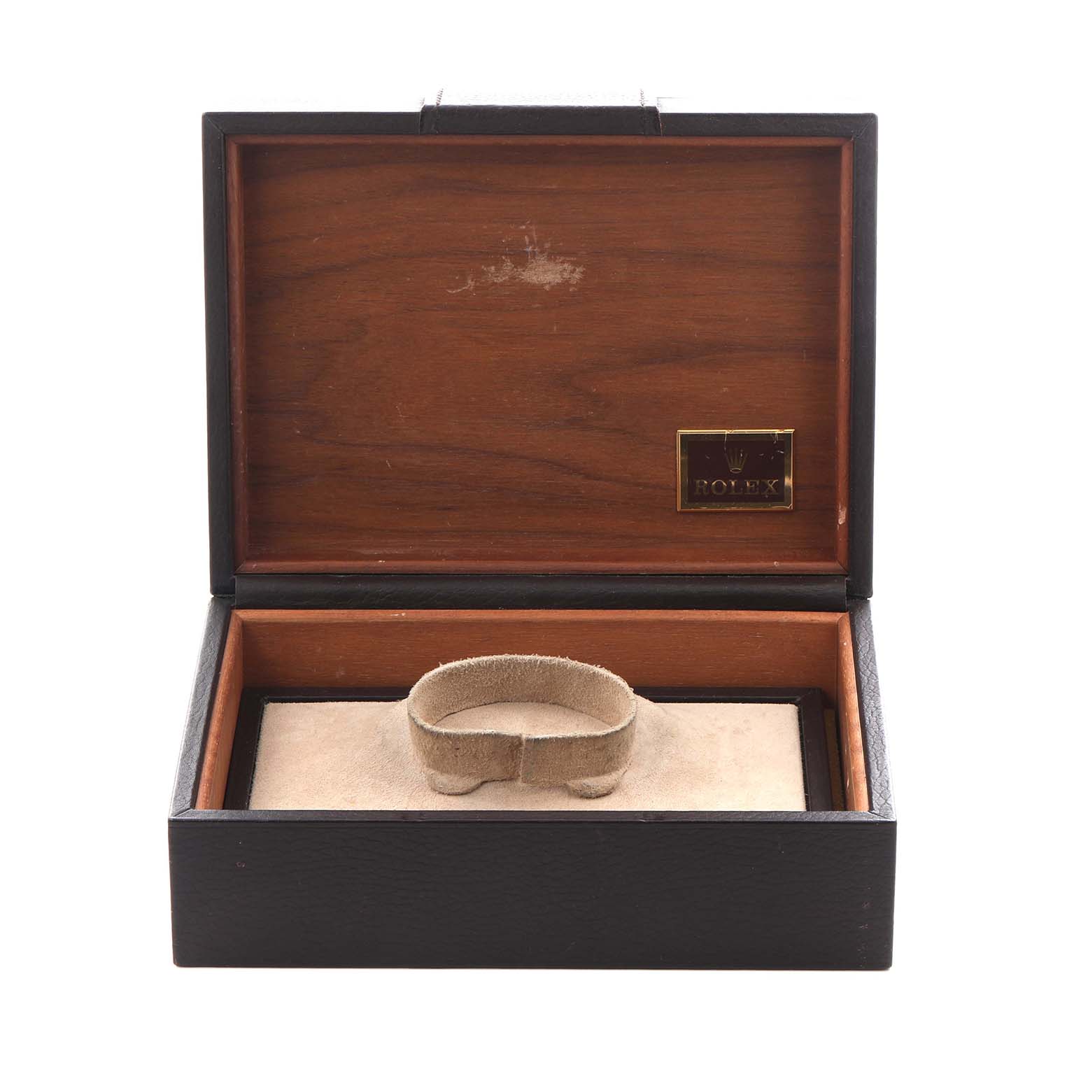 The image shows an open Rolex President 18238 Men's Yellow Gold Champagne Dial 18238 Men's Yellow Gold Champagne Dial model watch box from a front angle, displaying the interior and cushion.