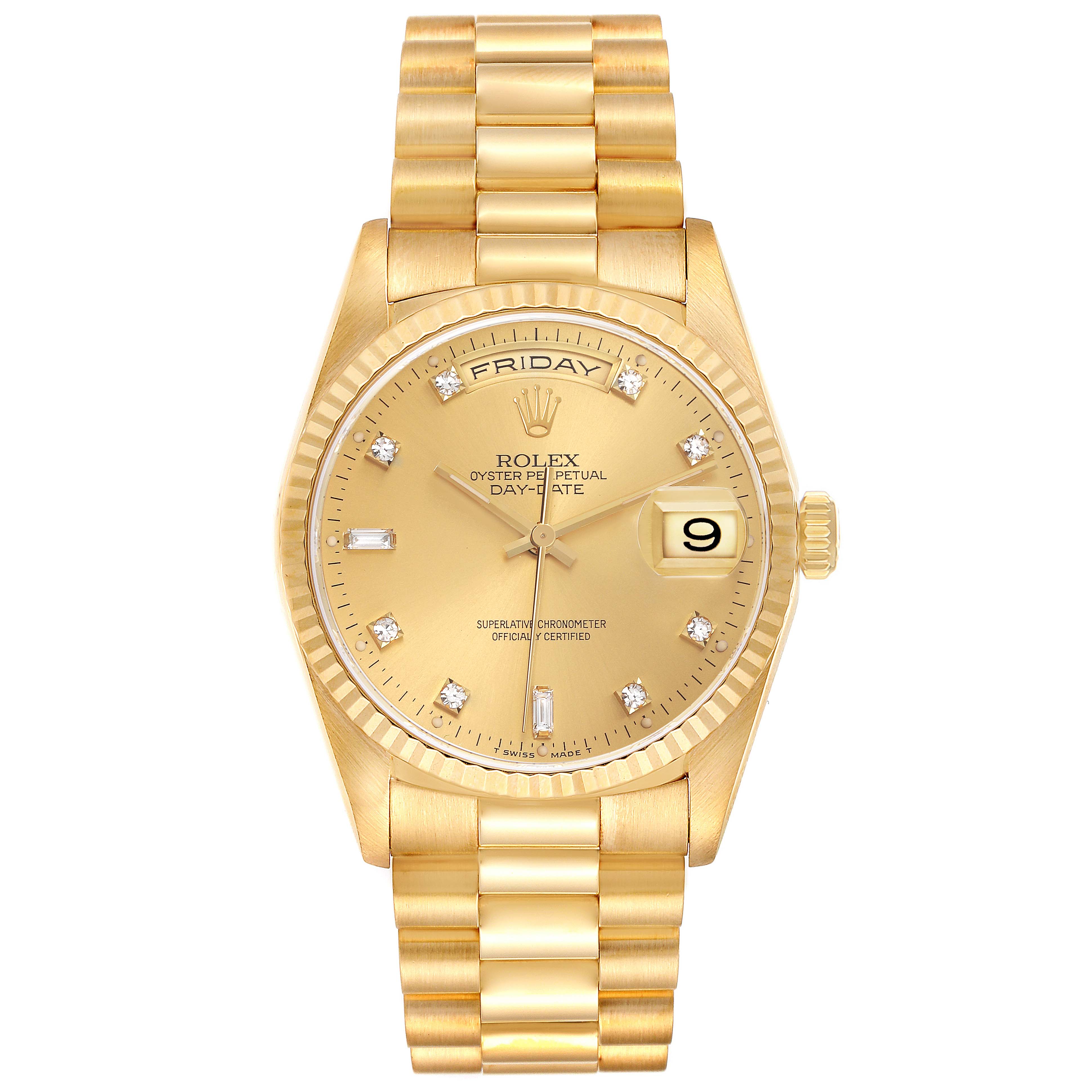 The Rolex President 18238 Men's Yellow Gold Champagne Dial 18238 Men's Yellow Gold Champagne Dial model is shown from a top-down angle, highlighting the gold bezel, dial, and bracelet.