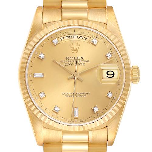 The Rolex President watch is shown from the front, highlighting its gold dial, bezel, and bracelet.