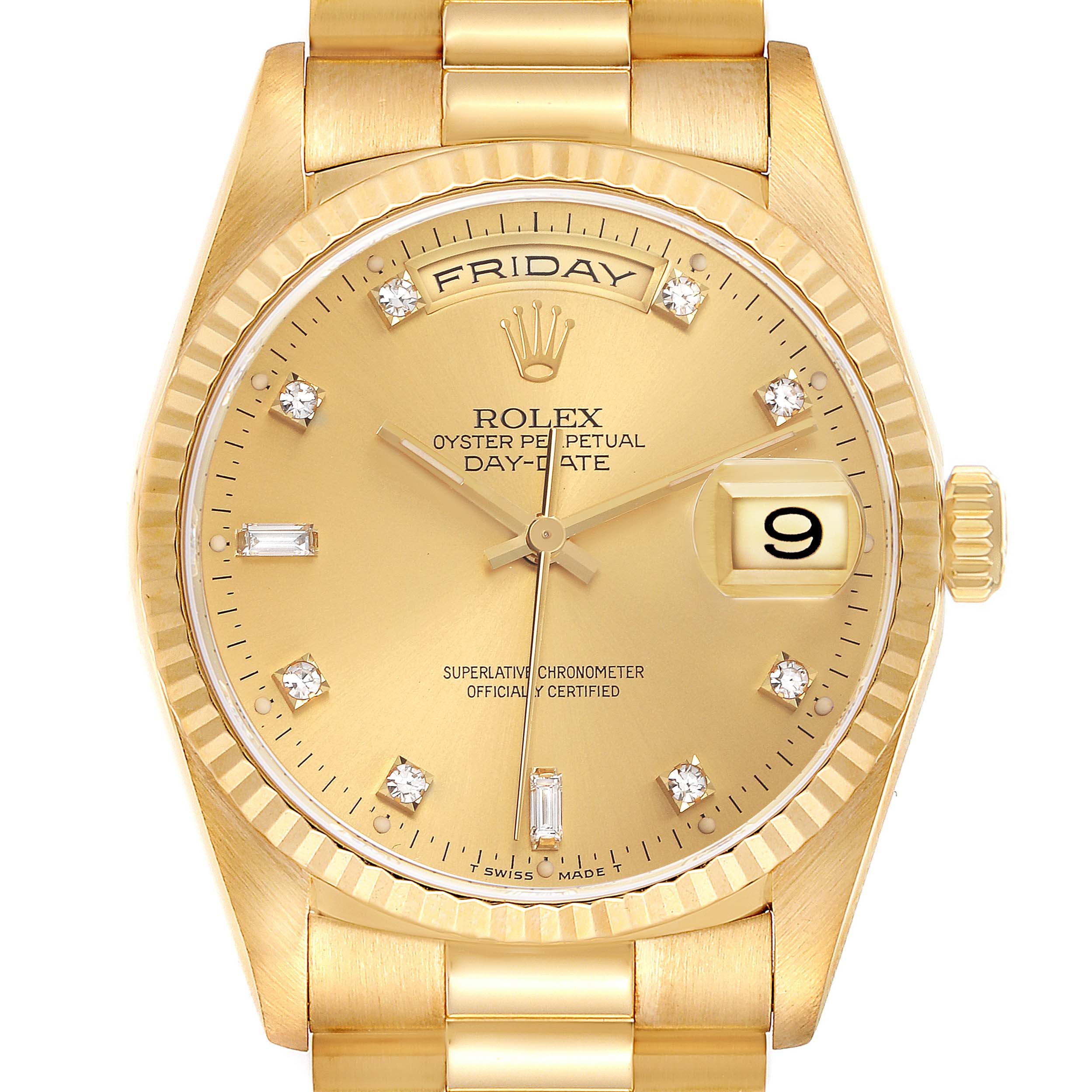 The image shows a Rolex President 18238 Men's Yellow Gold Champagne Dial 18238 Men's Yellow Gold Champagne Dial model from the front, highlighting the gold dial, day-date display, and diamond markers.