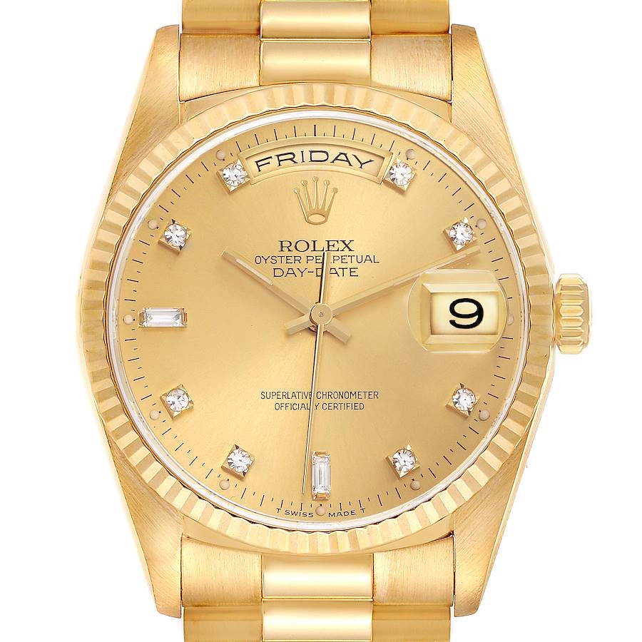 The image shows a Rolex President model from the front, highlighting the gold dial, day-date display, and diamond markers.