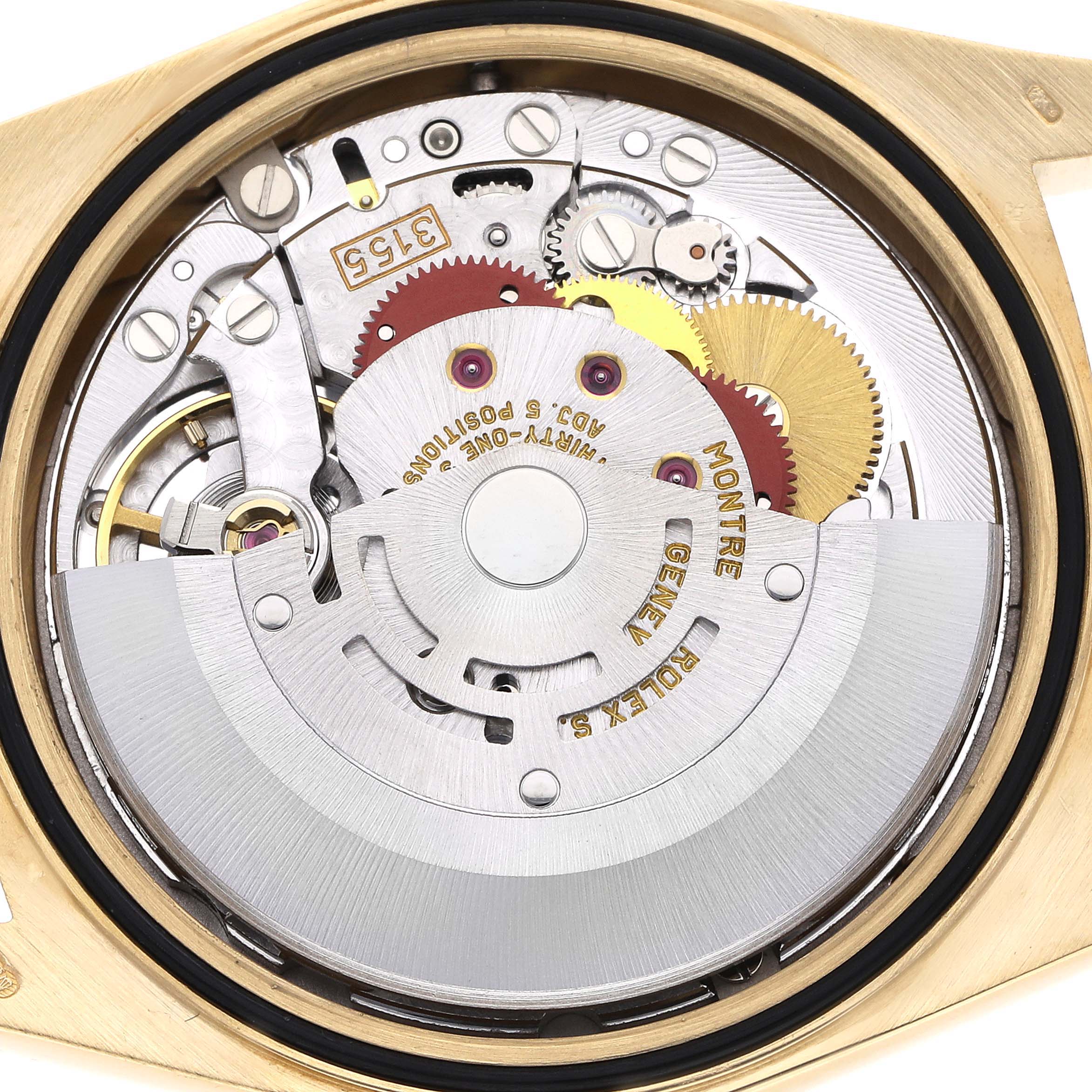 The image shows the internal movement components of a Rolex President 18238 Men's Yellow Gold Champagne Dial 18238 Men's Yellow Gold Champagne Dial model watch from the back angle.