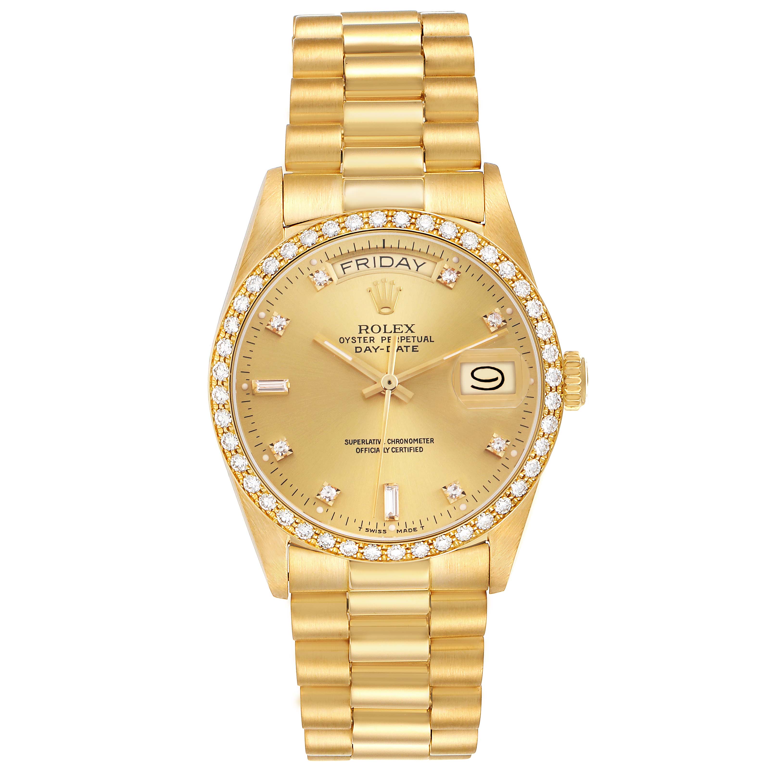 The Rolex President 18048 Men's Yellow Gold Champagne Dial 18048 Men's Yellow Gold Champagne Dial model is shown from a top view, displaying the face, bezel, dial, bracelet, and day-date features.