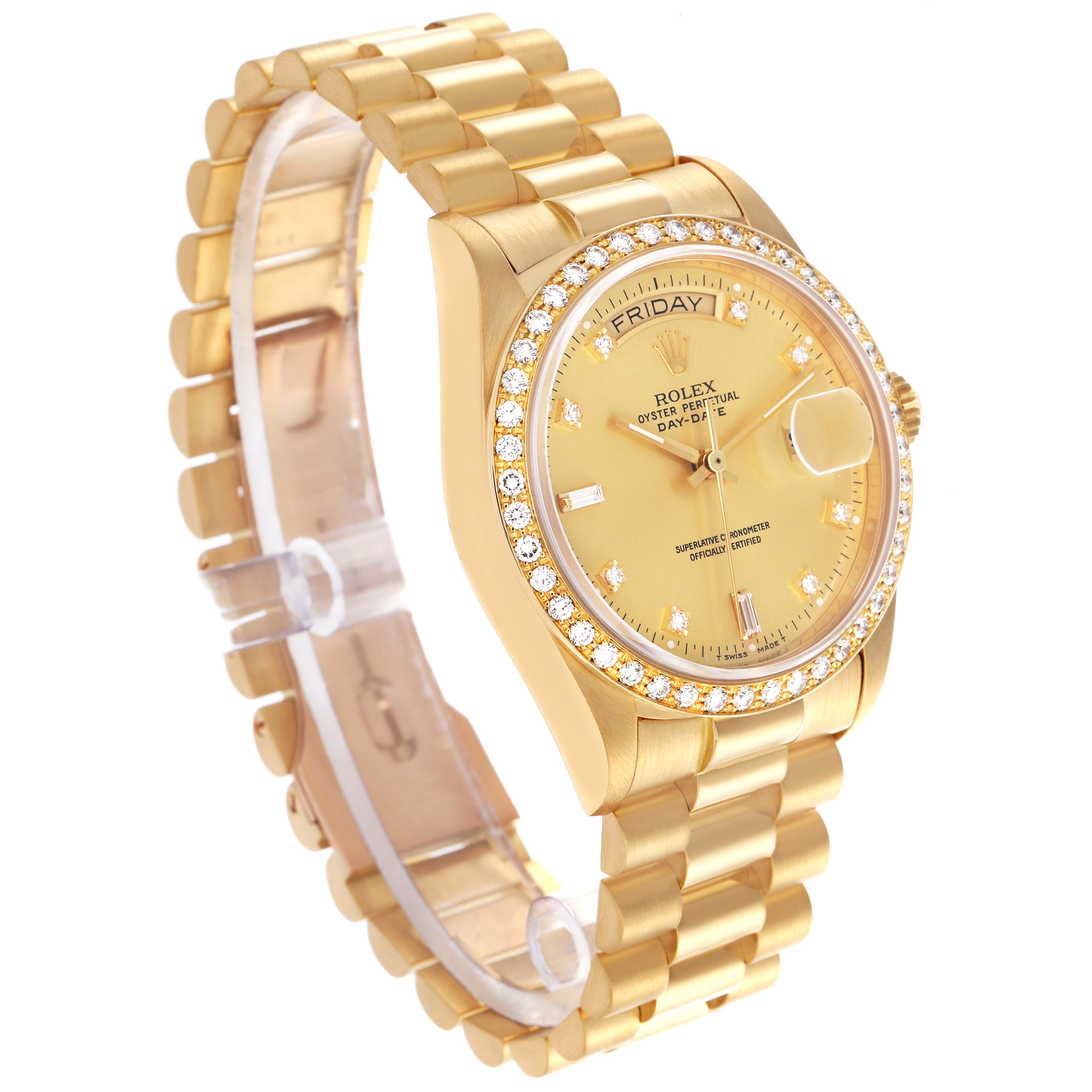 The Rolex President 18048 Men's Yellow Gold Champagne Dial 18048 Men's Yellow Gold Champagne Dial model is shown at a three-quarter angle, highlighting its gold bracelet, diamond-set bezel, and day-date dial.