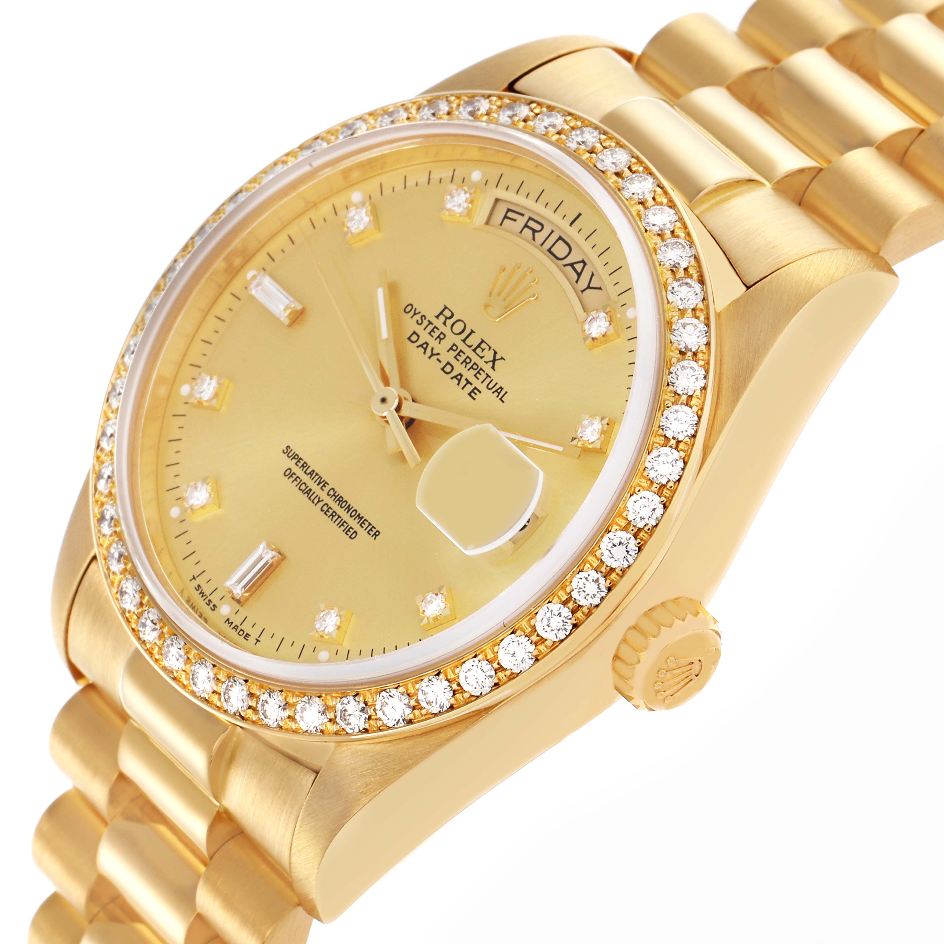 The Rolex President 18048 Men's Yellow Gold Champagne Dial 18048 Men's Yellow Gold Champagne Dial model is shown at a slight angle, displaying its diamond bezel, gold dial, crown, and bracelet.