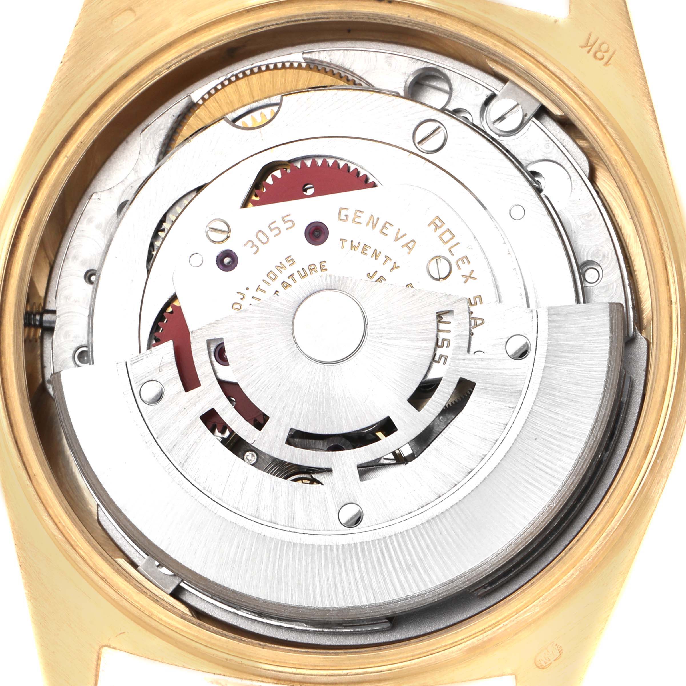 The image shows a close-up view of the Rolex President 18048 Men's Yellow Gold Champagne Dial 18048 Men's Yellow Gold Champagne Dial model's internal movement and rotor mechanism.