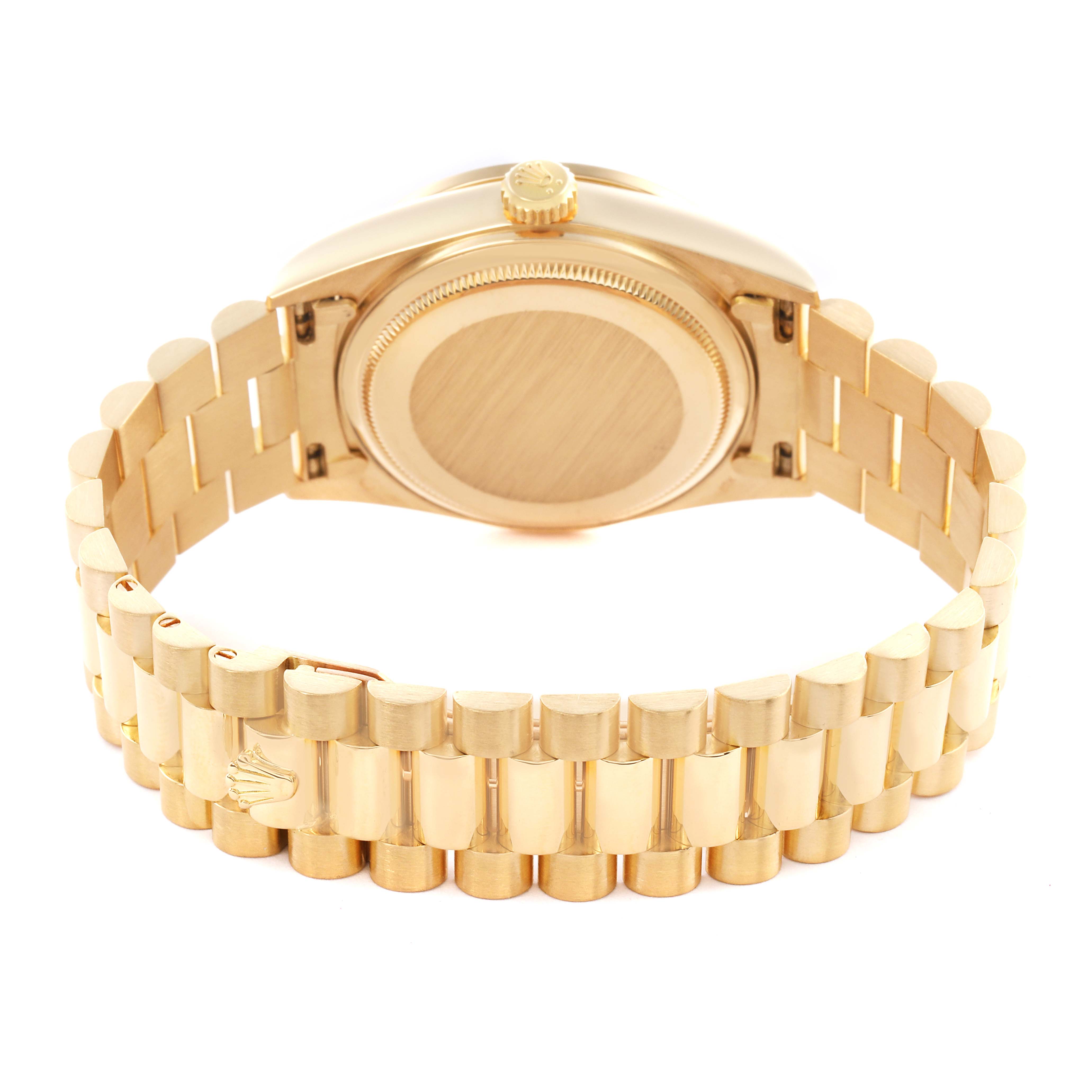 The image shows the back and bracelet of a Rolex President 18048 Men's Yellow Gold Champagne Dial 18048 Men's Yellow Gold Champagne Dial model watch from a rear angle.