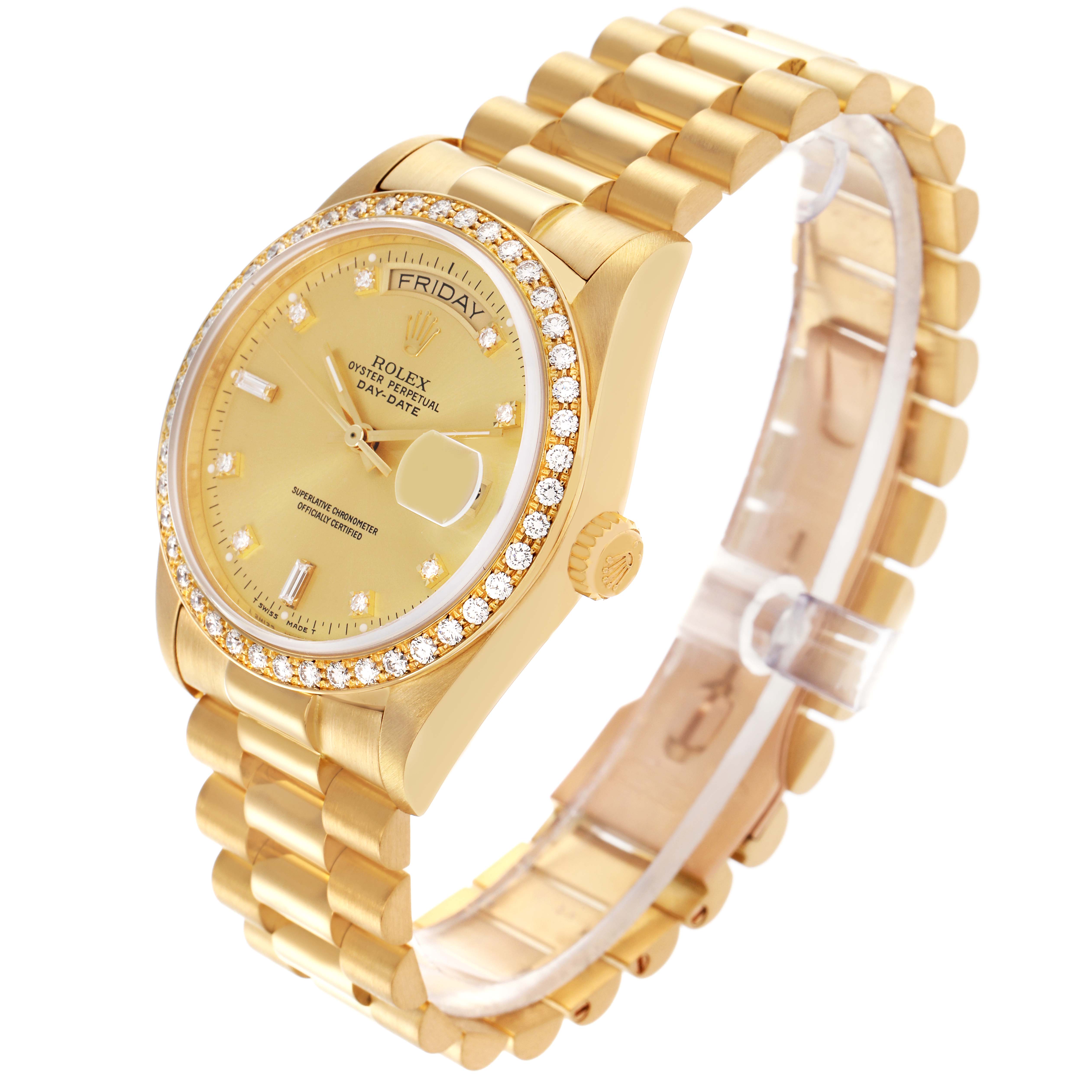 The Rolex President 18048 Men's Yellow Gold Champagne Dial 18048 Men's Yellow Gold Champagne Dial model watch is shown at a three-quarter angle, highlighting the dial, bezel, and bracelet.