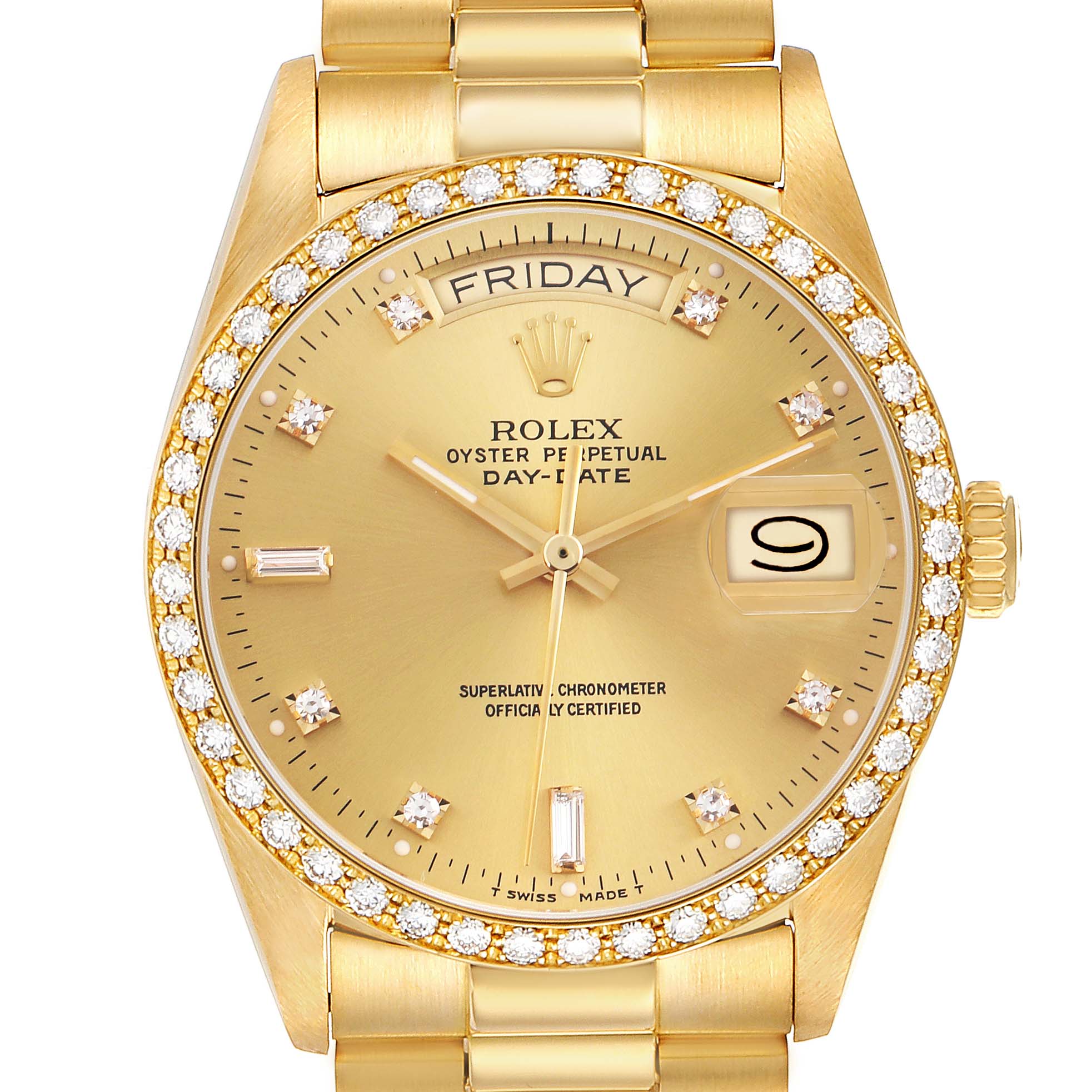 The Rolex President 18048 Men's Yellow Gold Champagne Dial 18048 Men's Yellow Gold Champagne Dial model is shown front-on, featuring its gold dial, diamond bezel, day and date display, and bracelet.