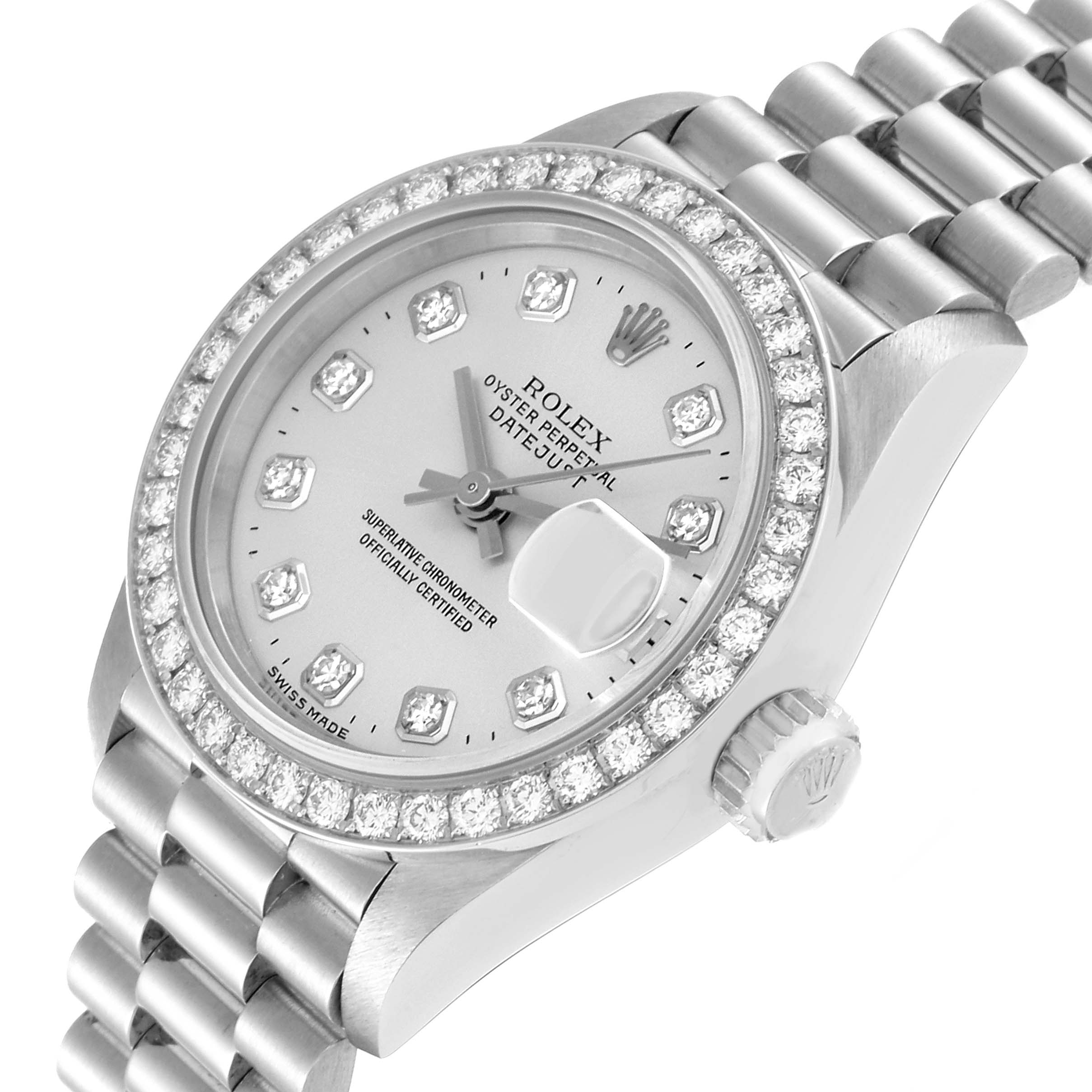 This image shows a Rolex President 69136G Women's Platinum Silver Dial 69136G Women's Platinum Silver Dial model watch at an angled view, highlighting its dial, bezel, crown, and part of the bracelet.