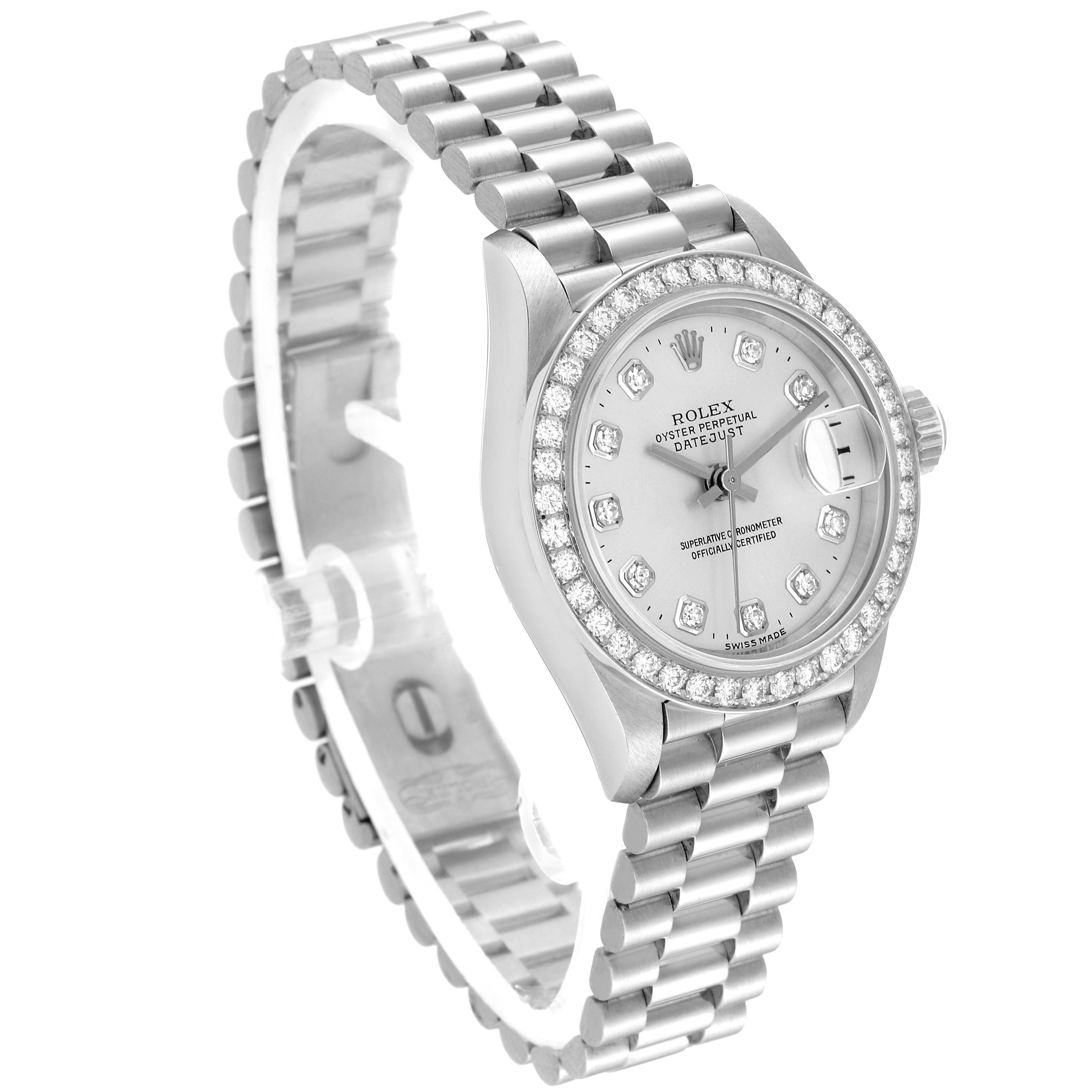 The Rolex President 69136G Women's Platinum Silver Dial 69136G Women's Platinum Silver Dial model watch is shown from a front angle, displaying the face, bezel, and band.