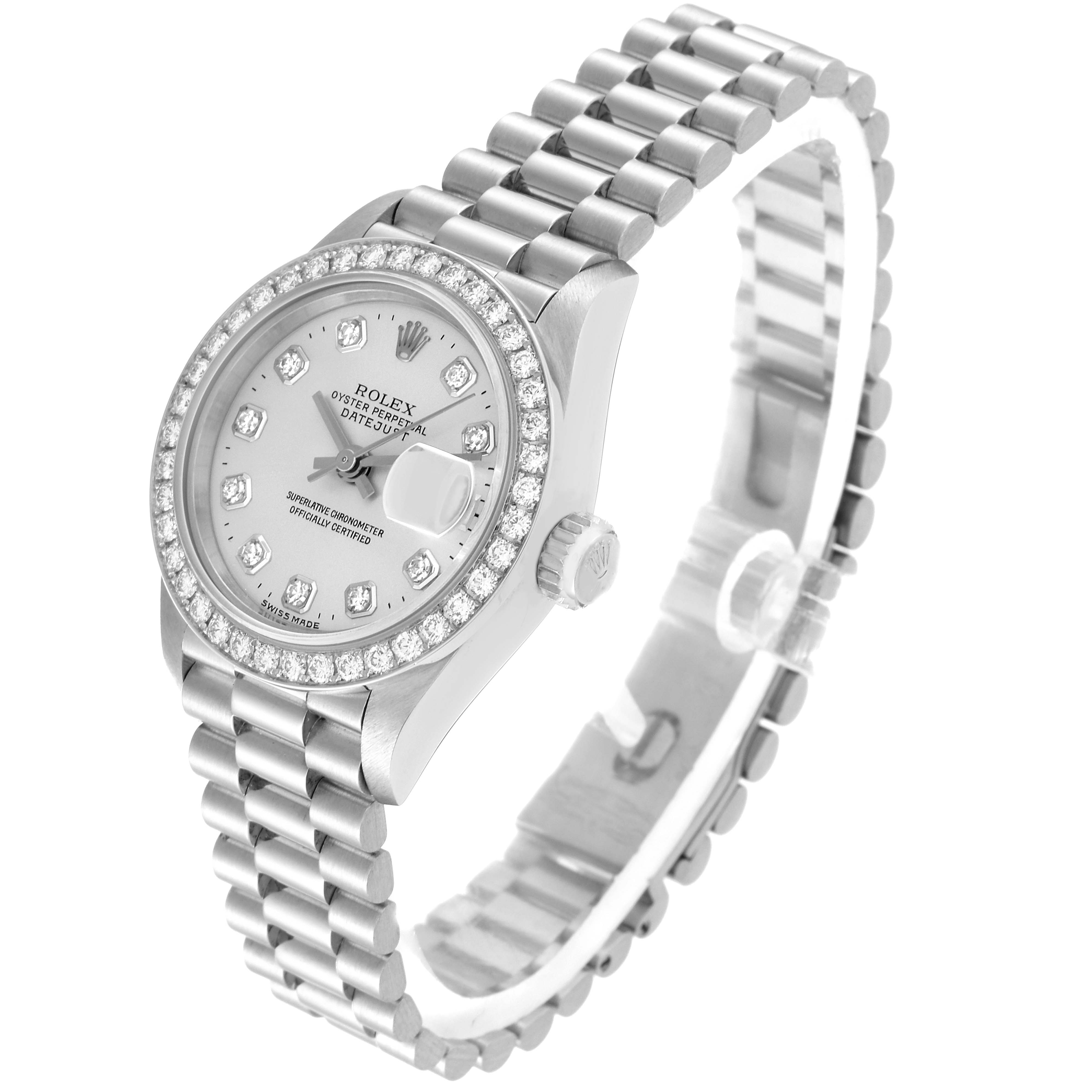 The image shows a Rolex President 69136G Women's Platinum Silver Dial 69136G Women's Platinum Silver Dial model watch angled to display the face, bracelet, and bezel with diamonds.
