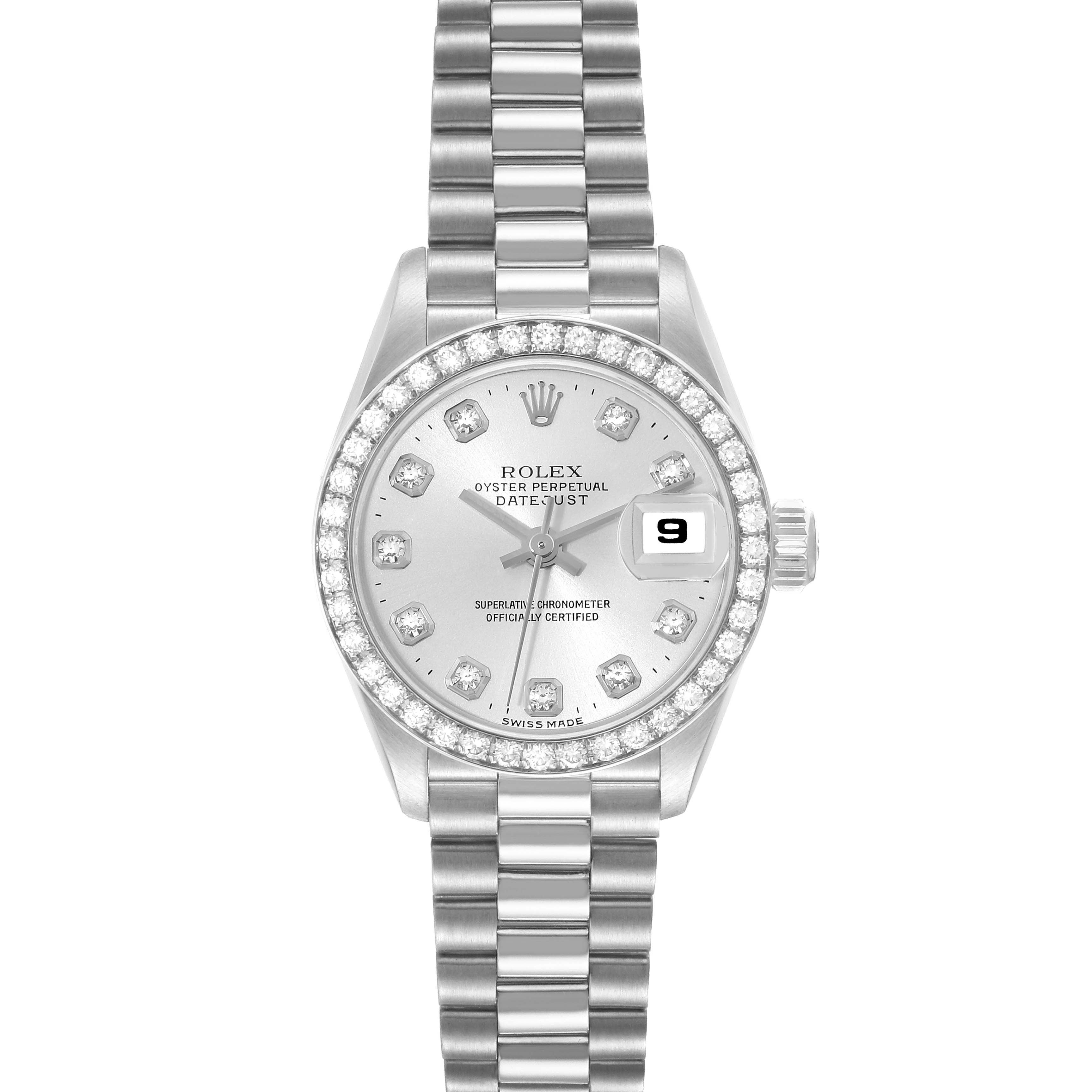 The image shows a front view of the Rolex President 69136G Women's Platinum Silver Dial 69136G Women's Platinum Silver Dial model watch, highlighting the dial, bezel, and bracelet.
