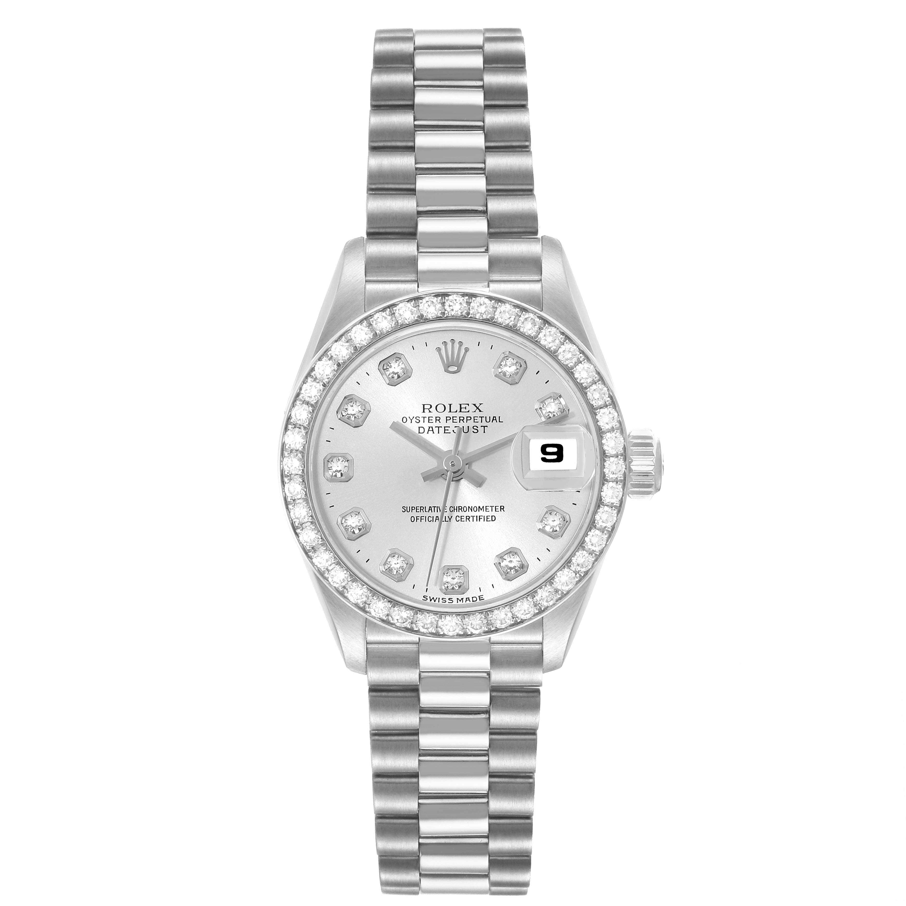 This image shows a frontal view of a Rolex President 69136G Women's Platinum Silver Dial 69136G Women's Platinum Silver Dial model watch, displaying the face, bezel, and bracelet.