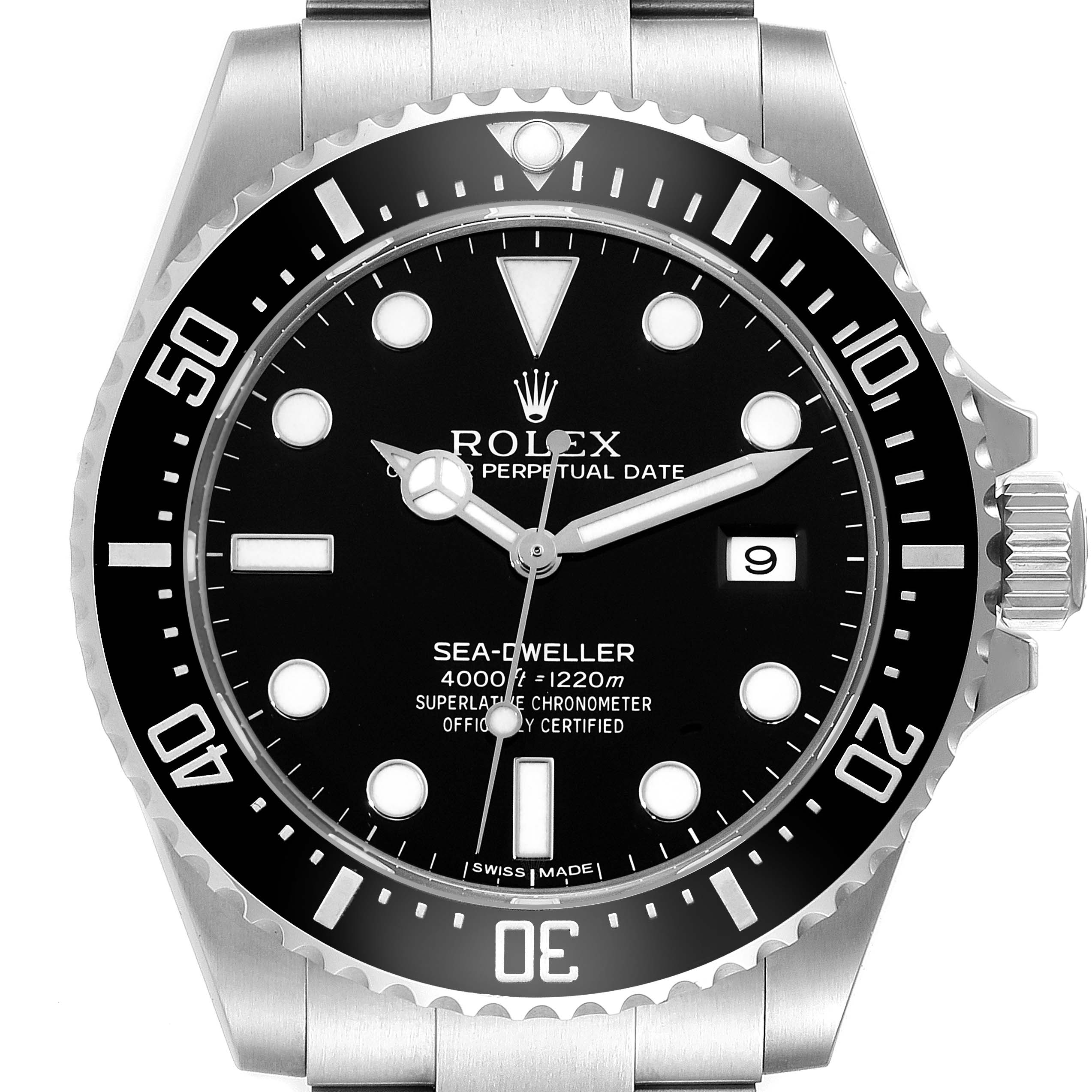 The image shows a front view of the Rolex Sea-Dweller 116600 Men's Stainless Steel Black Dial 116600 Men's Stainless Steel Black Dial watch, displaying its dial, bezel, and crown.