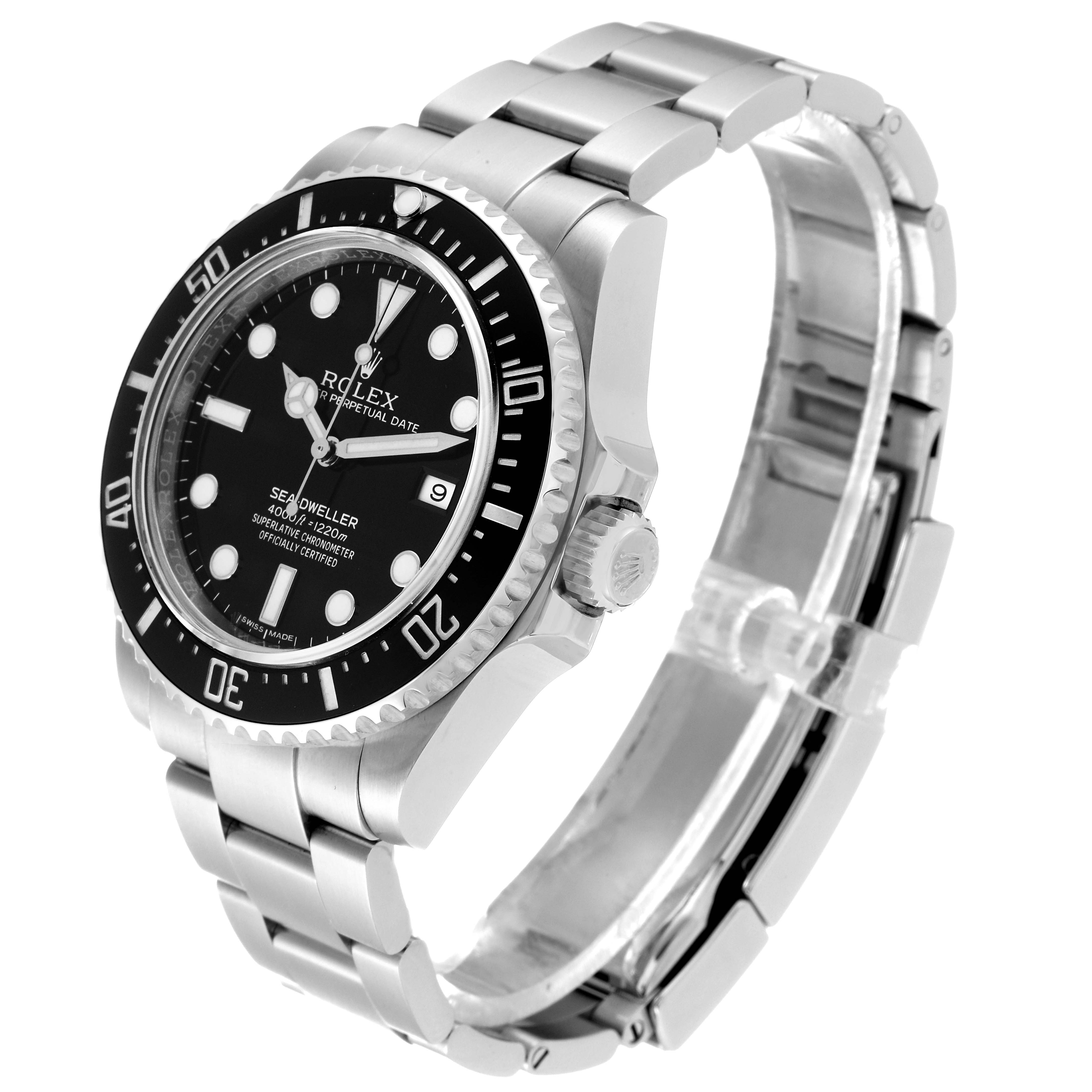 The image shows a Rolex Sea-Dweller 116600 Men's Stainless Steel Black Dial 116600 Men's Stainless Steel Black Dial watch angled from the front-right, displaying the dial, bezel, crown, and part of the bracelet.