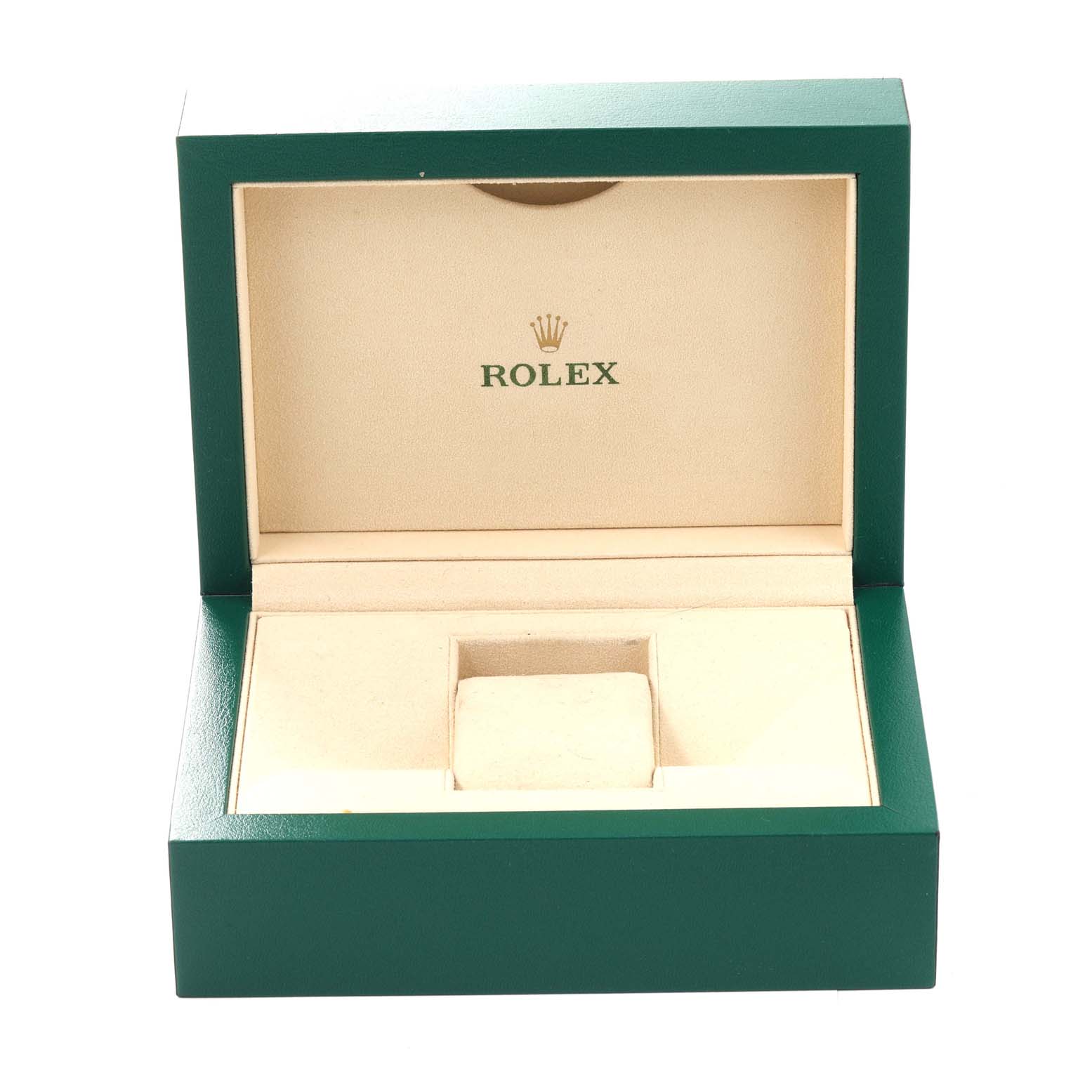 This image shows an open green and beige Rolex watch box, likely for a Sea-Dweller model.
