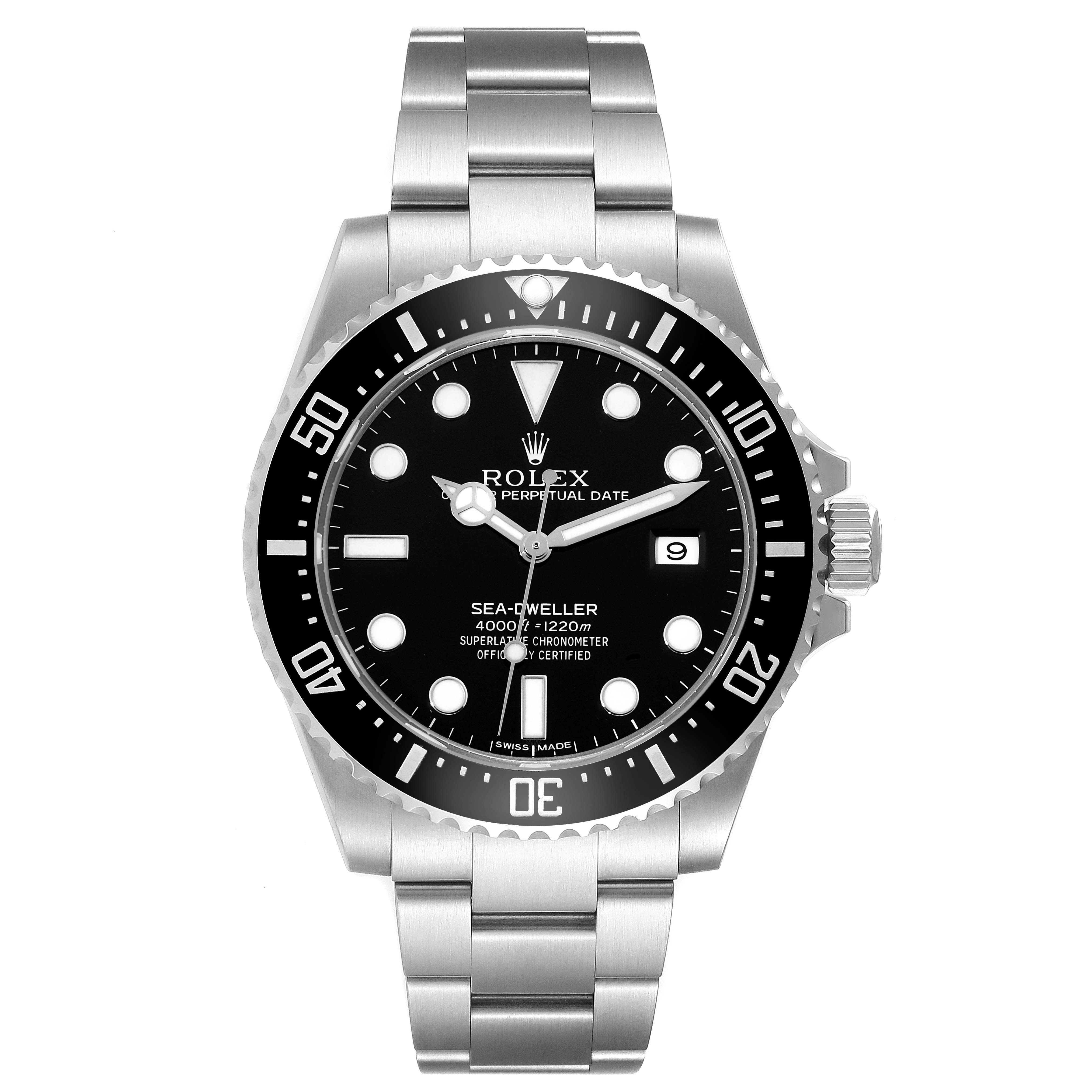 The image shows a front view of the Rolex Sea-Dweller 116600 Men's Stainless Steel Black Dial 116600 Men's Stainless Steel Black Dial watch, highlighting its black dial, date window, and metal bracelet.