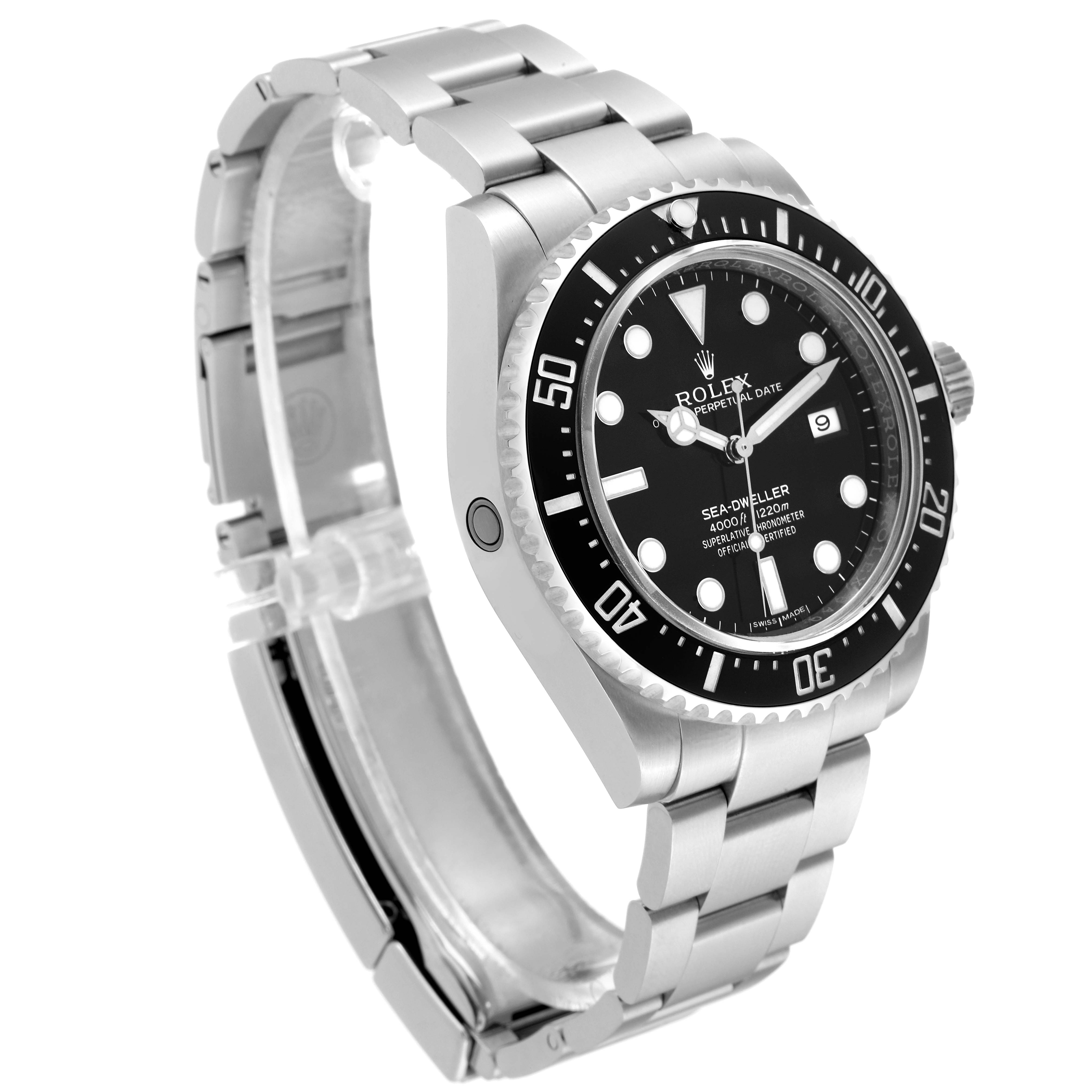 This image shows the Rolex Sea-Dweller 116600 Men's Stainless Steel Black Dial 116600 Men's Stainless Steel Black Dial watch at a slight side angle, highlighting its bracelet, bezel, and dial.