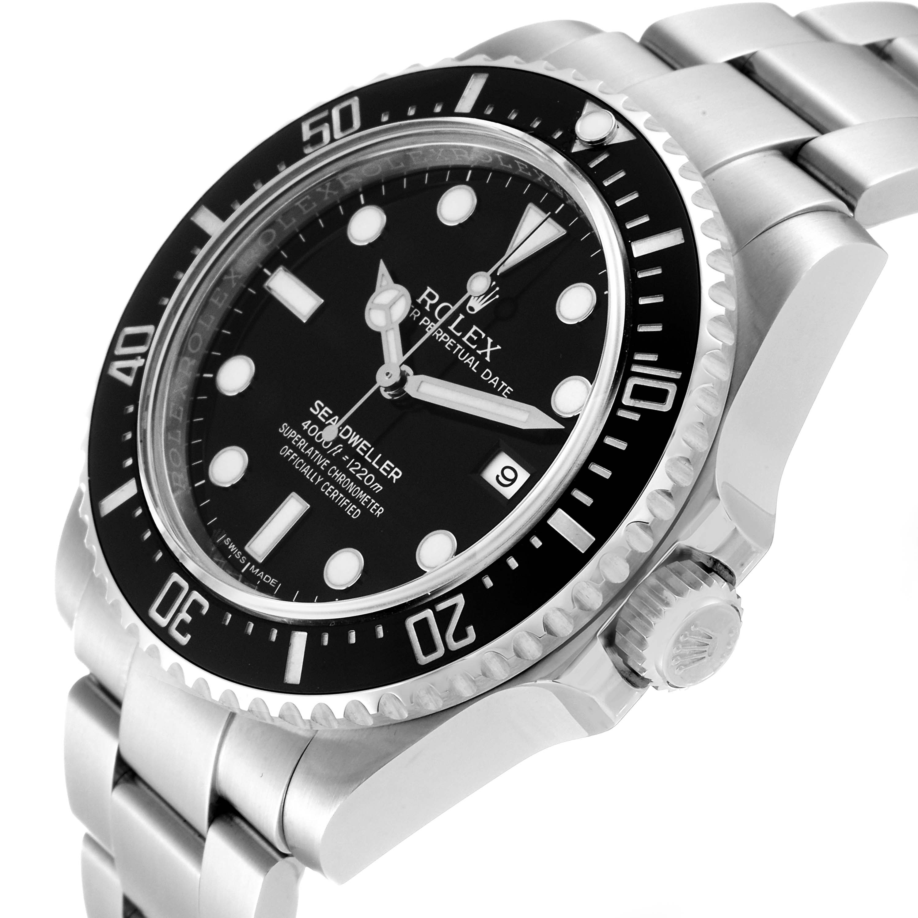 The image shows a close-up, angled view of the Rolex Sea-Dweller 116600 Men's Stainless Steel Black Dial 116600 Men's Stainless Steel Black Dial watch's face, bezel, and bracelet.
