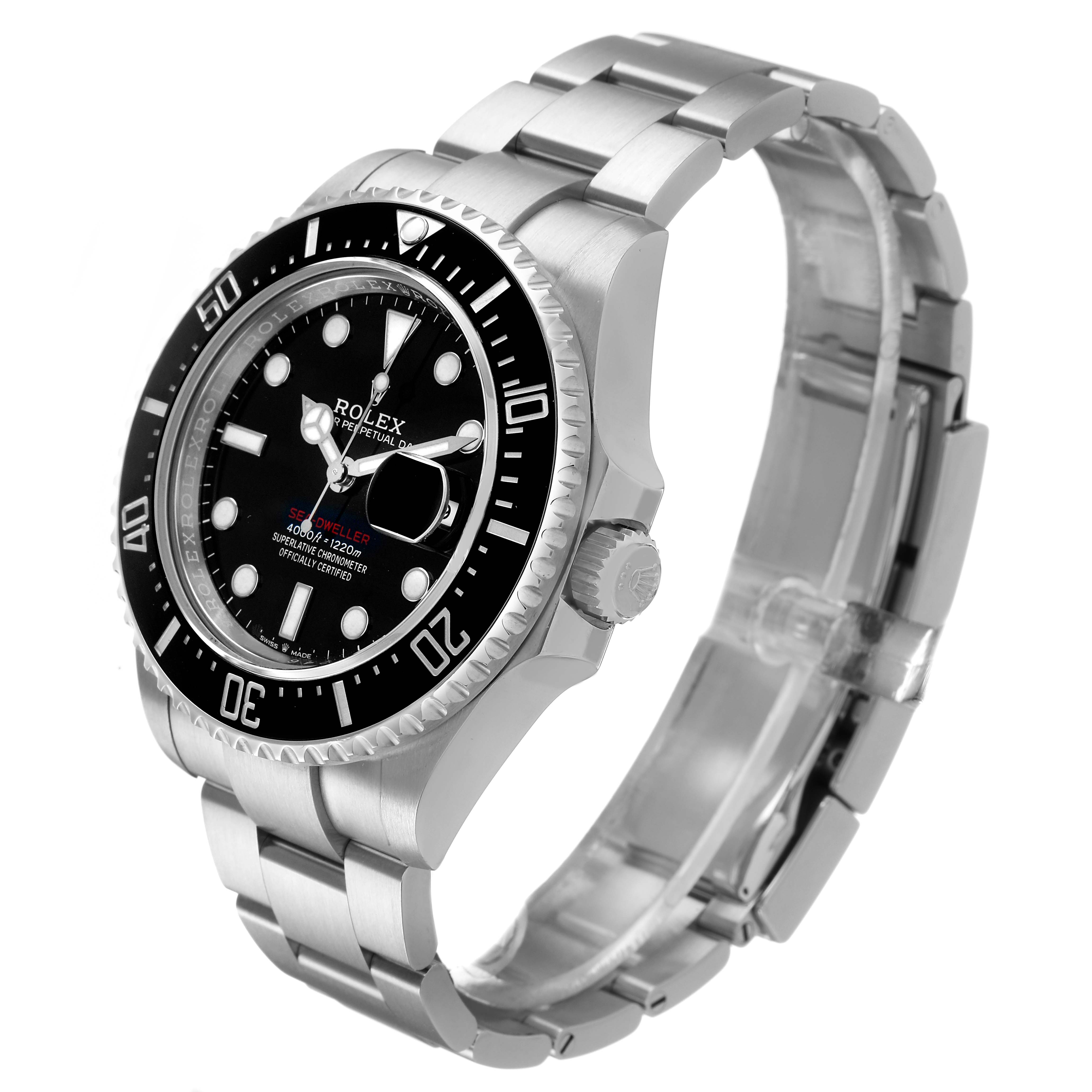 The Rolex Sea-Dweller 126600 Men's Stainless Steel Black Dial watch is shown at a three-quarter angle highlighting the face, bezel, and bracelet.