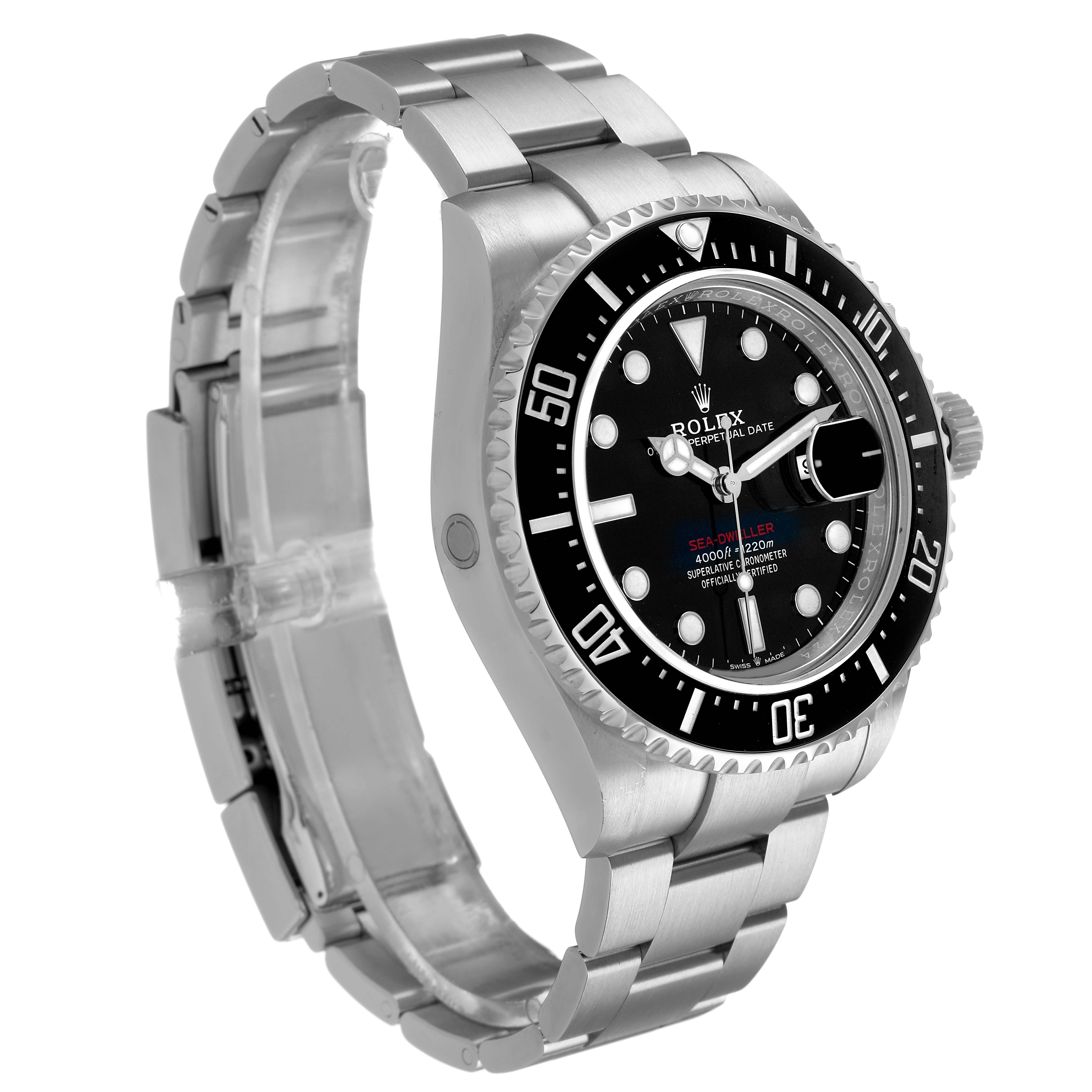 The Rolex Sea-Dweller 126600 Men's Stainless Steel Black Dial watch is shown at a three-quarter angle, displaying the face, bezel, and bracelet.