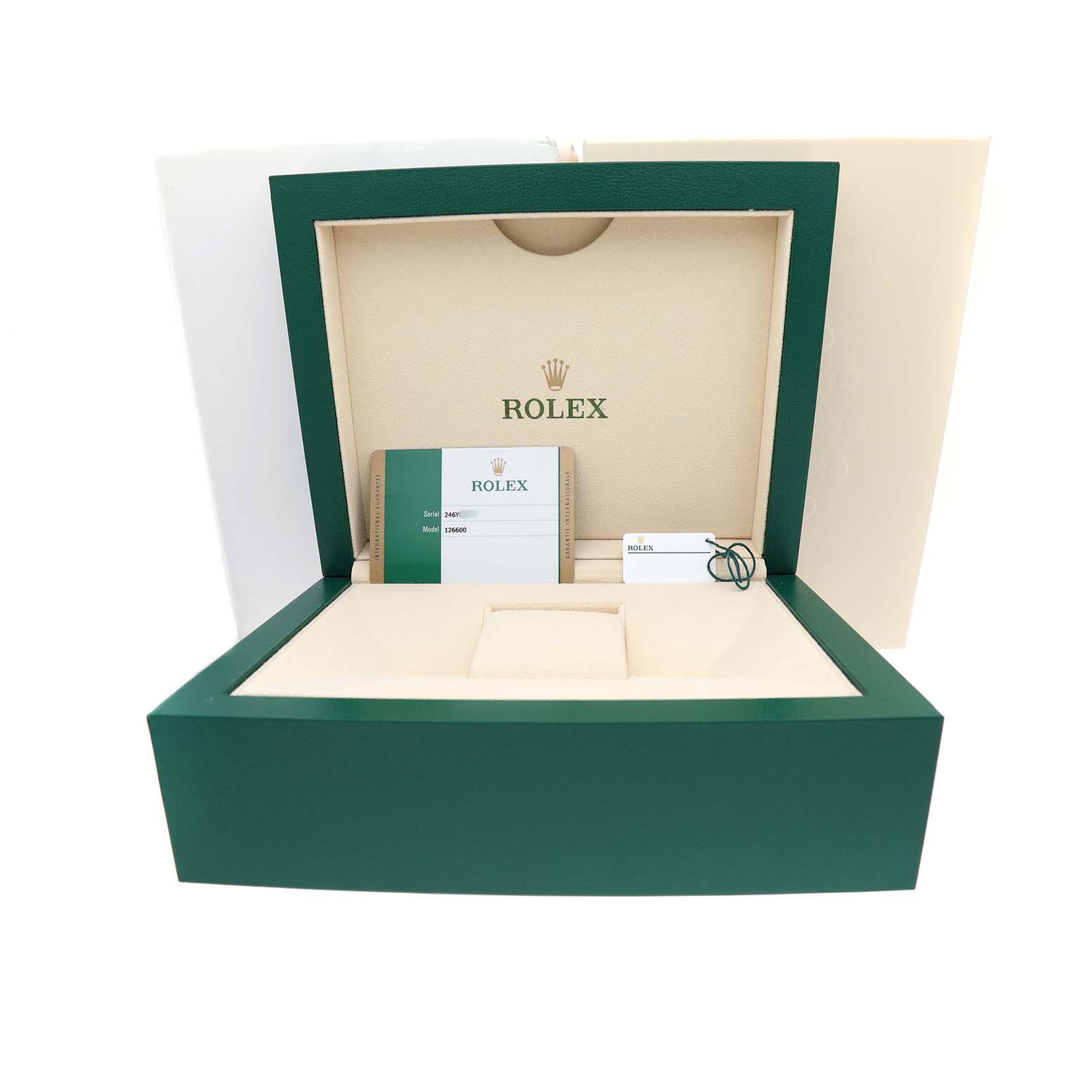 The image shows the open presentation box for the Rolex Sea-Dweller 126600 Men's Stainless Steel Black Dial, featuring a booklet, card, and tag inside.