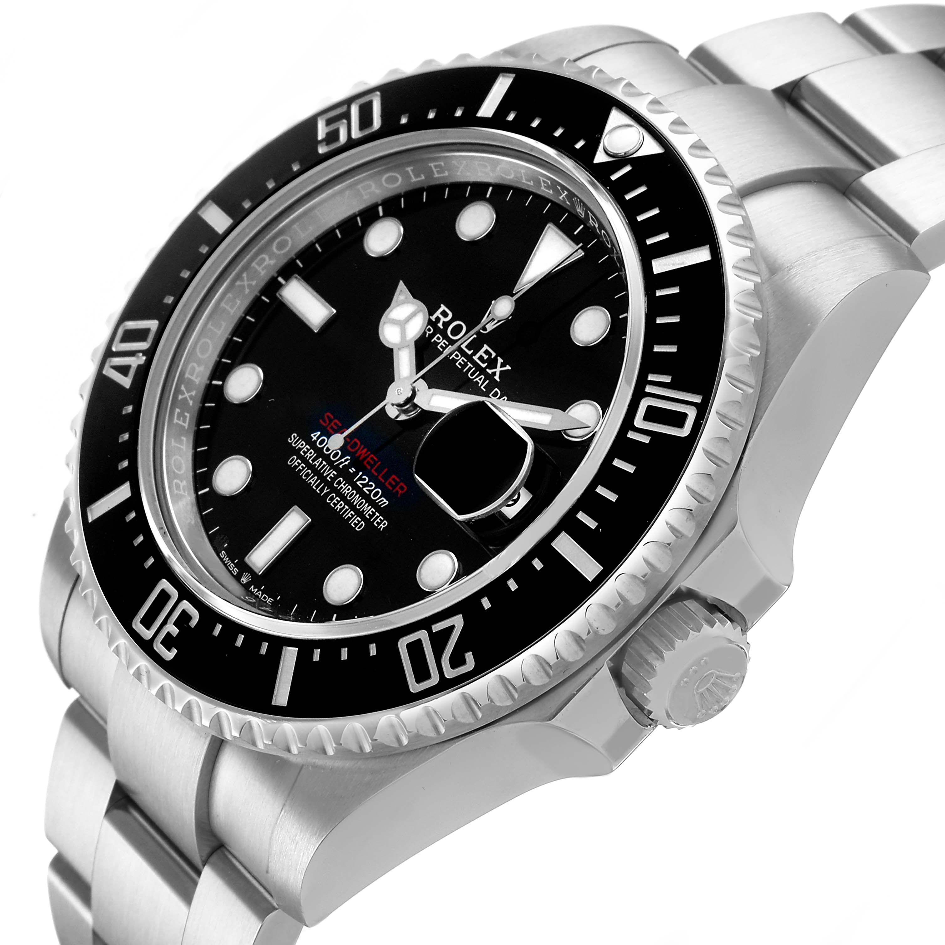 The image shows a Rolex Sea-Dweller 126600 Men's Stainless Steel Black Dial from a side angle, highlighting the bezel, crown, and bracelet.