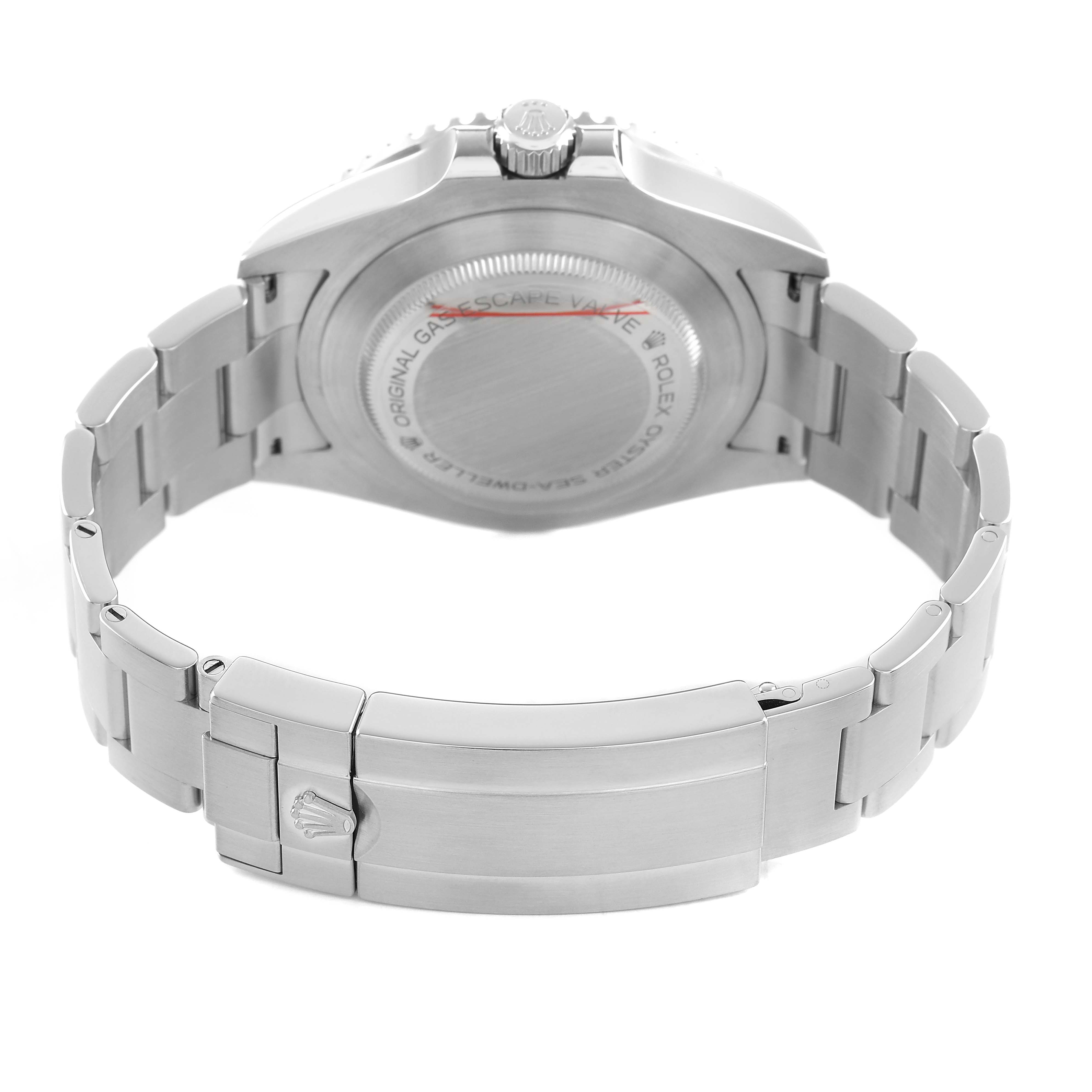 The image shows the back view of a Rolex Sea-Dweller 126600 Men's Stainless Steel Black Dial, highlighting the case back, bracelet, and clasp.