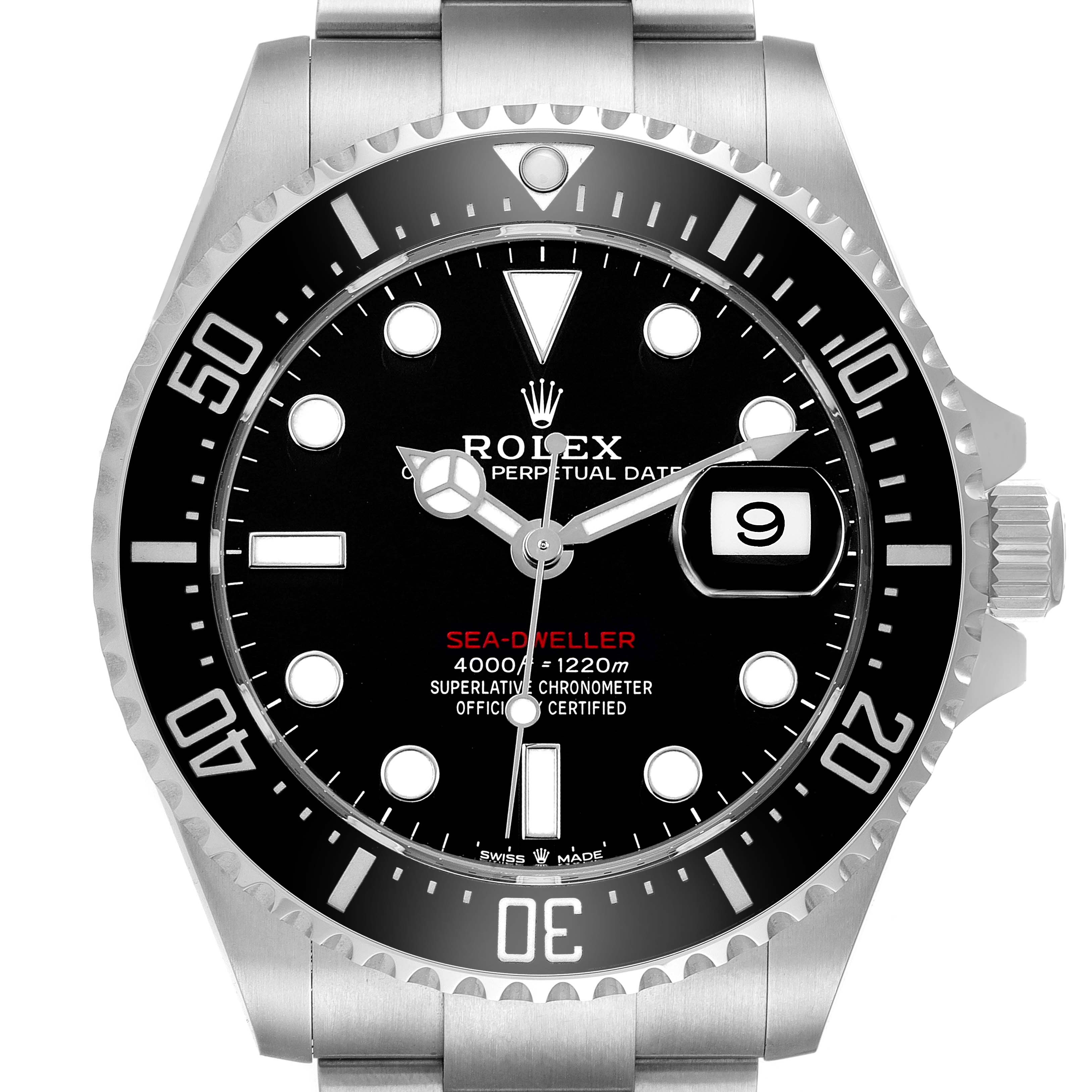 The Rolex Sea-Dweller 126600 Men's Stainless Steel Black Dial watch is shown from a front angle, displaying the dial, bezel, and crown.