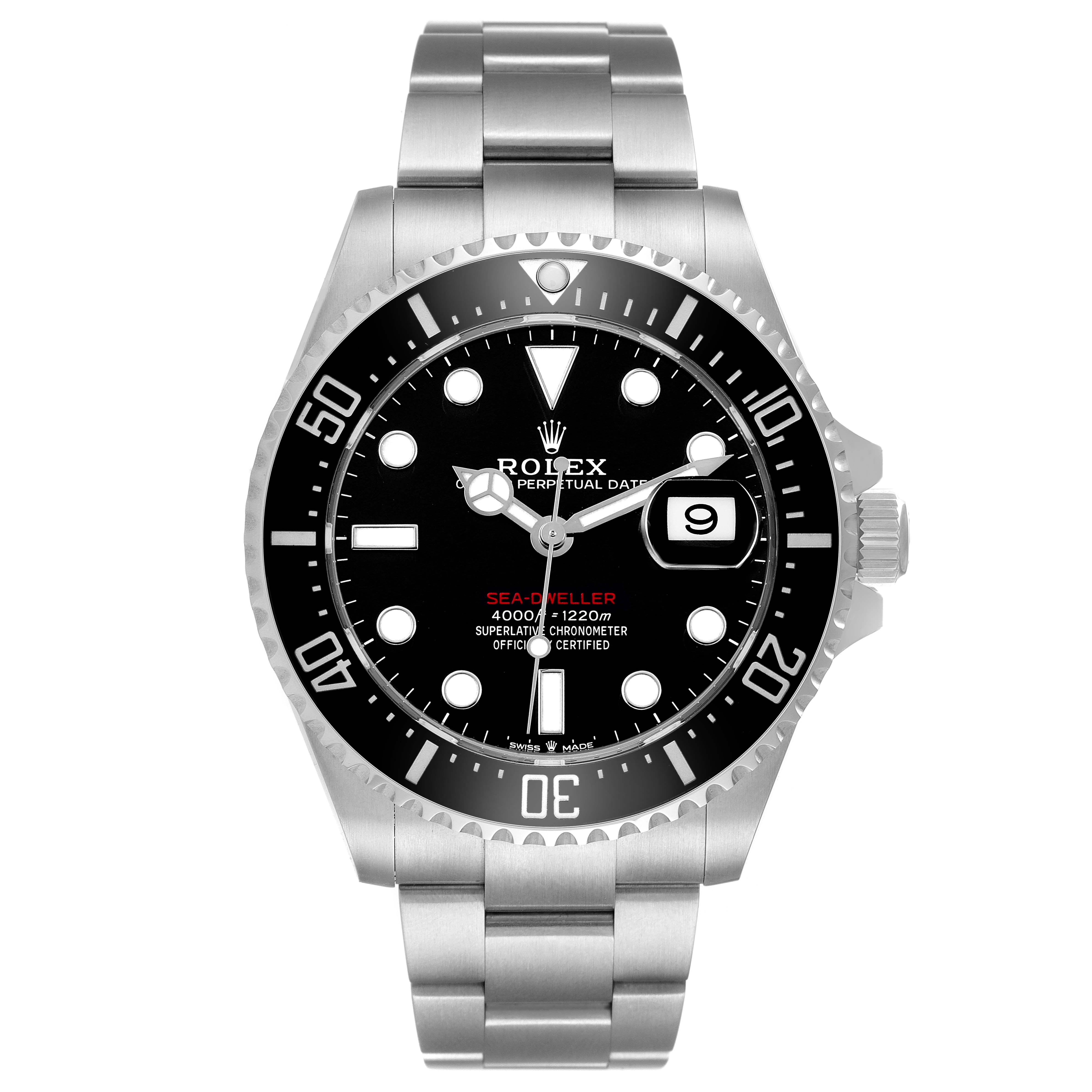 The Rolex Sea-Dweller 126600 Men's Stainless Steel Black Dial watch is shown from a front view, displaying its bezel, dial, and bracelet.