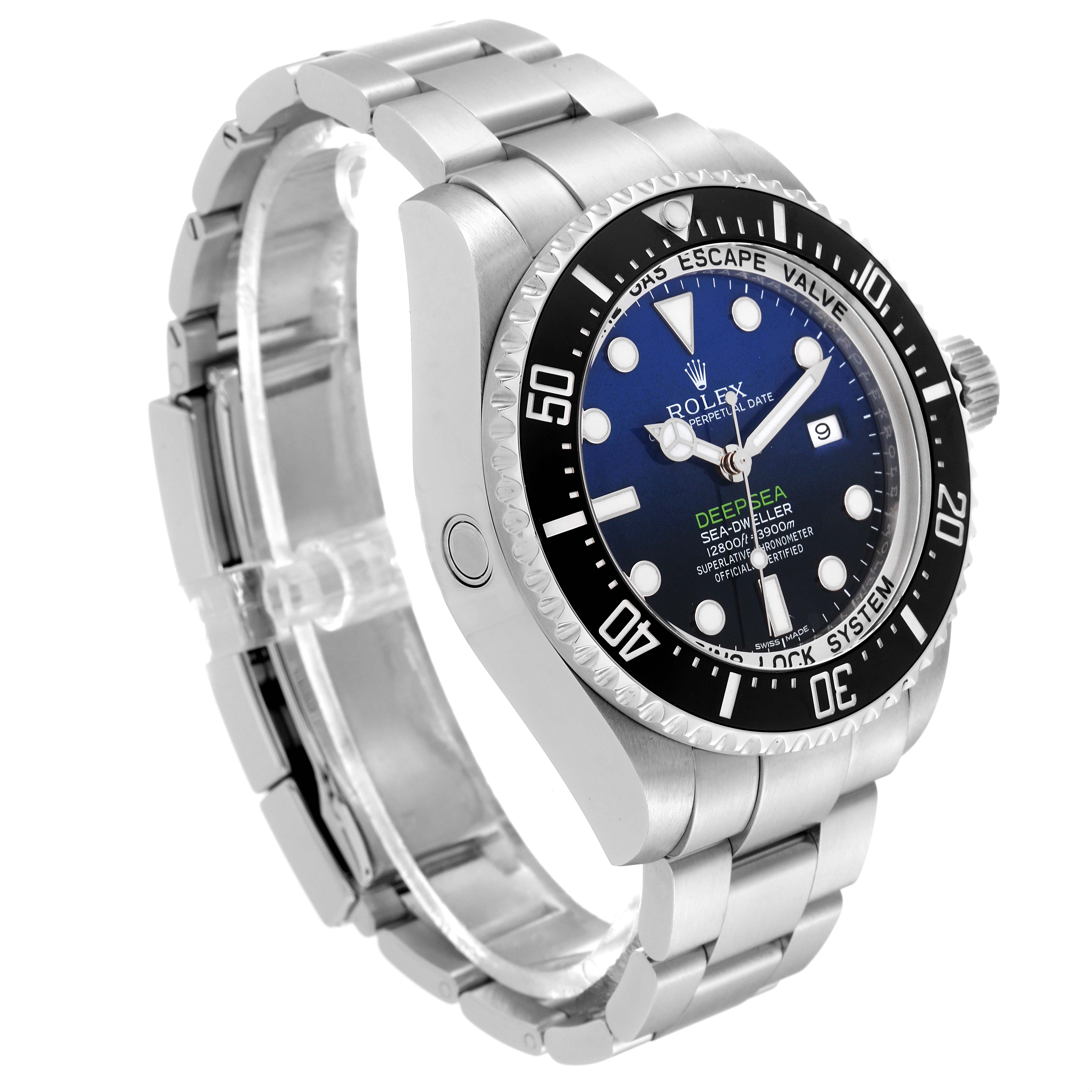 This image shows a side-angle view of the Rolex Sea-Dweller 116660 Men's Stainless Steel Blue Dial 116660 Men's Stainless Steel Blue Dial watch, highlighting its dial, bezel, and bracelet.