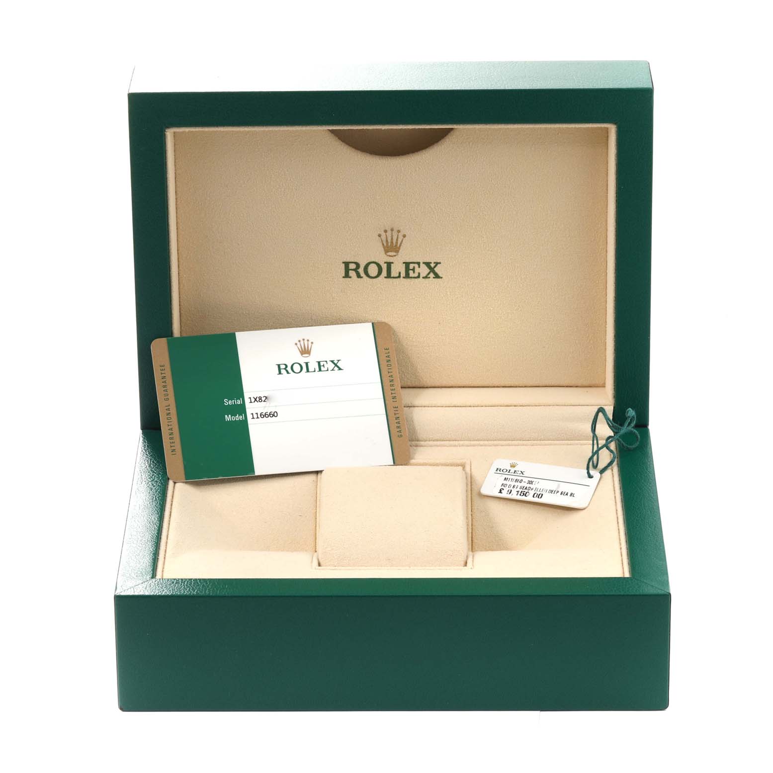 This image shows the open box packaging, warranty card, and tag for the Rolex Sea-Dweller 116660 Men's Stainless Steel Blue Dial 116660 Men's Stainless Steel Blue Dial model 116660.