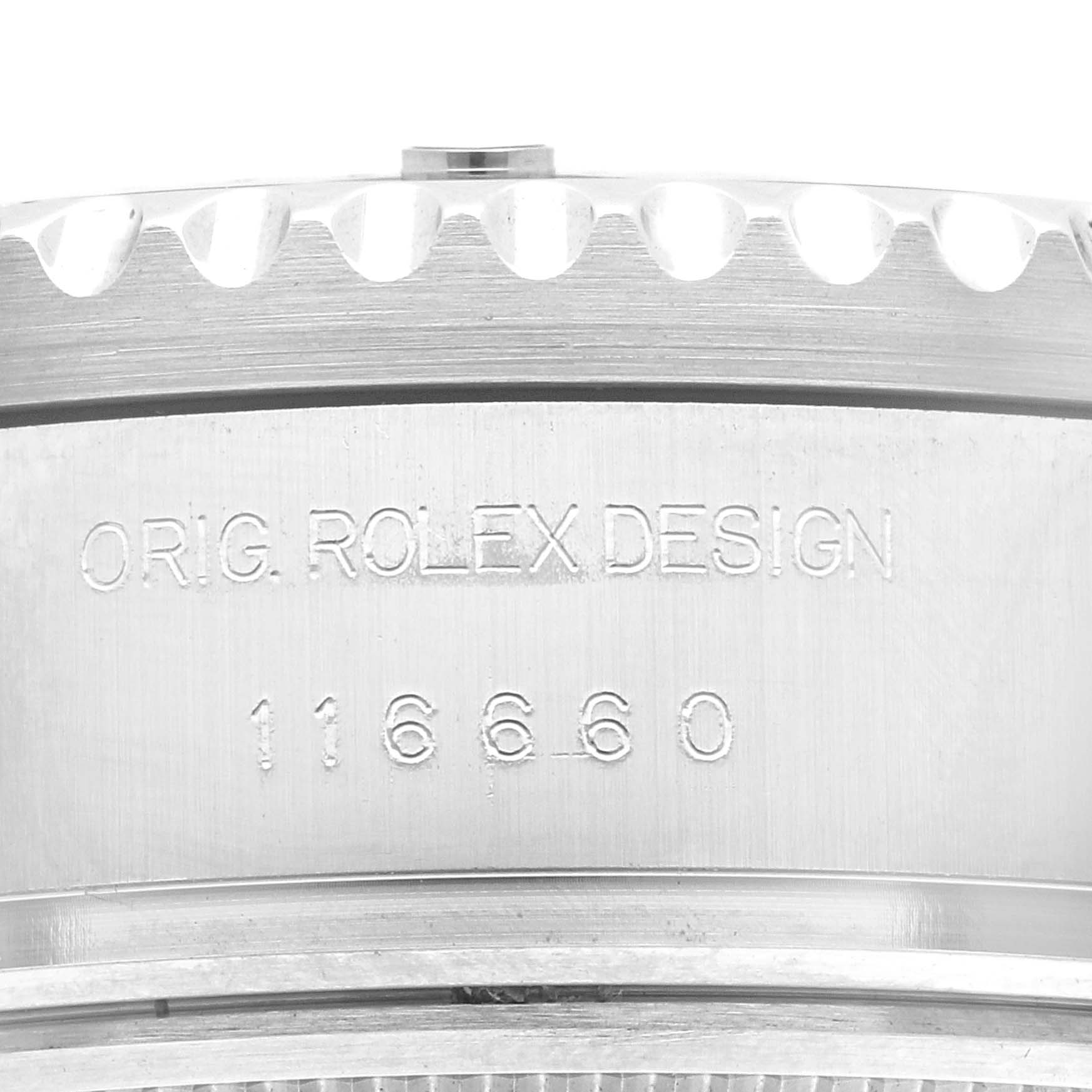 The image shows a close-up of the case side of the Rolex Sea-Dweller 116660 Men's Stainless Steel Blue Dial 116660 Men's Stainless Steel Blue Dial, featuring the model number 116660 and "ORIG. ROLEX DESIGN" engraving.