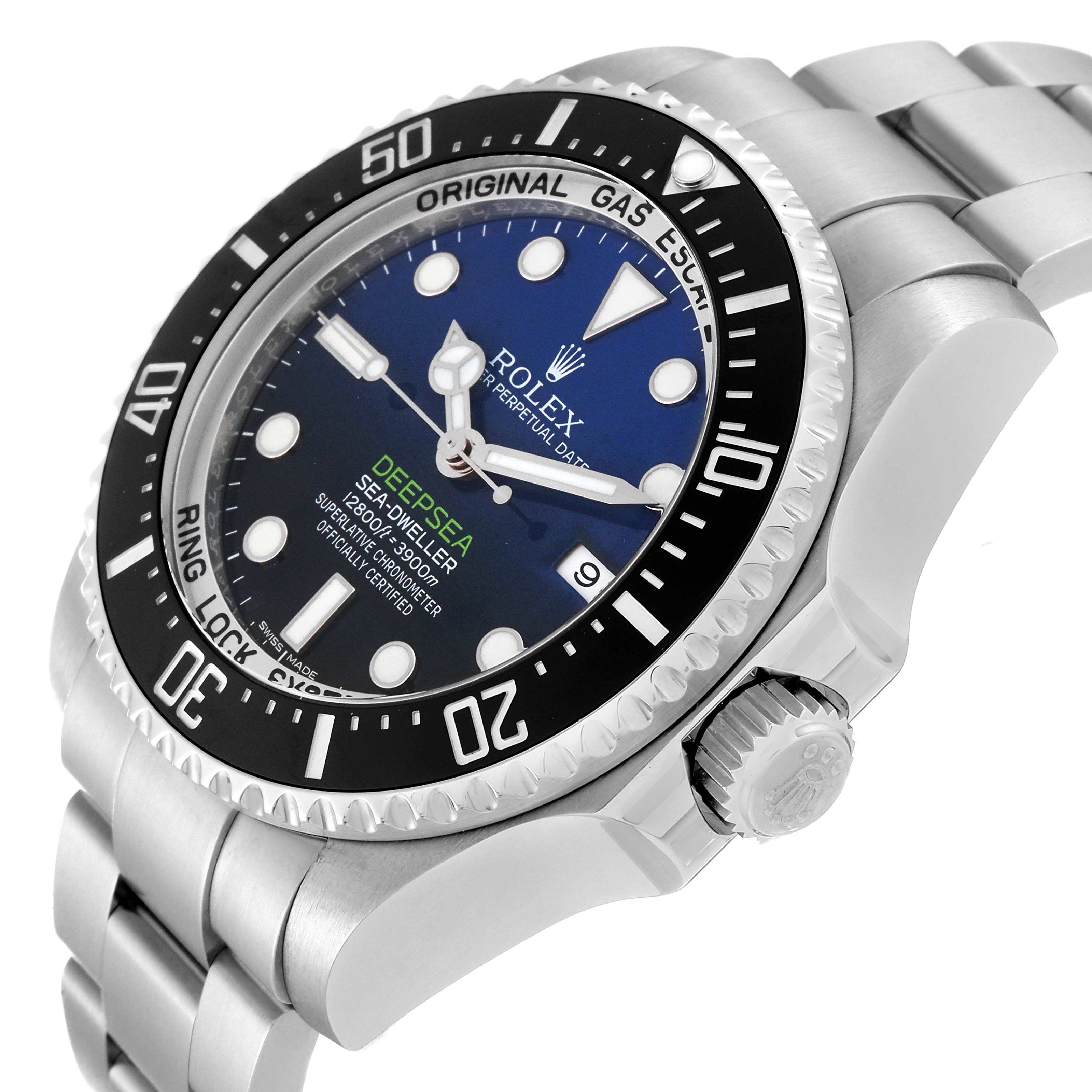 This image shows a side view angle of the Rolex Sea-Dweller 116660 Men's Stainless Steel Blue Dial 116660 Men's Stainless Steel Blue Dial watch, highlighting the bezel, crown, and bracelet.